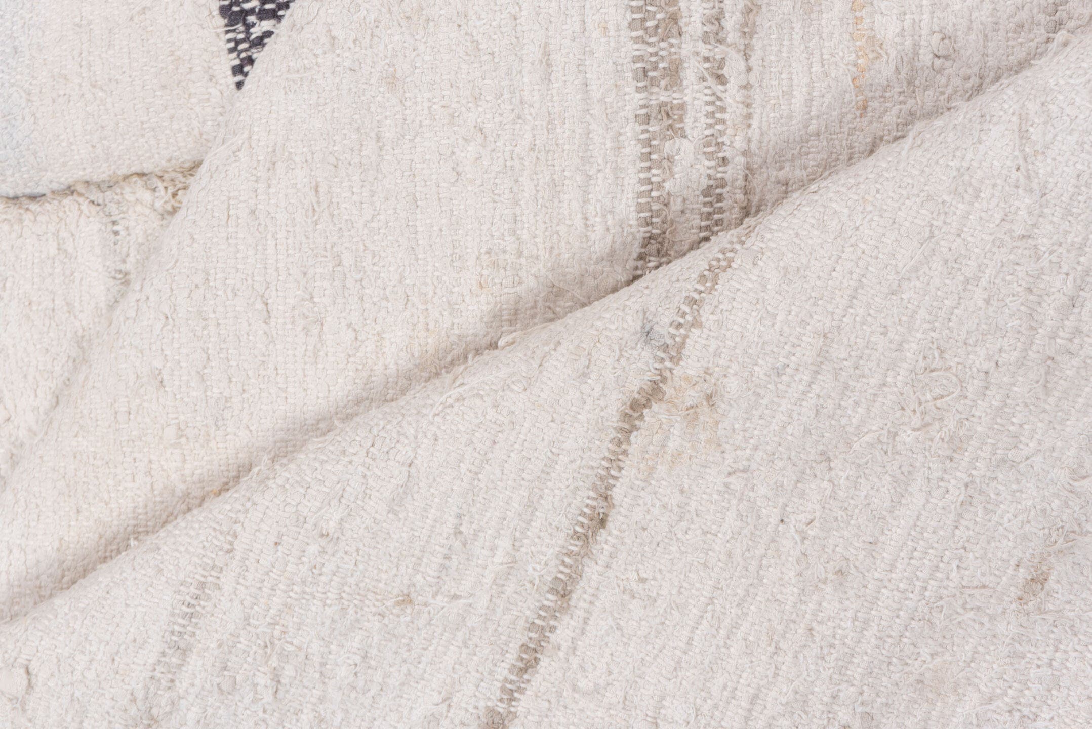6' x 7' one-of-a-kind handmade antique Rag Rug rug. Color palette: ivory, cream, charcoal, slate, faded blue, taupe, gray