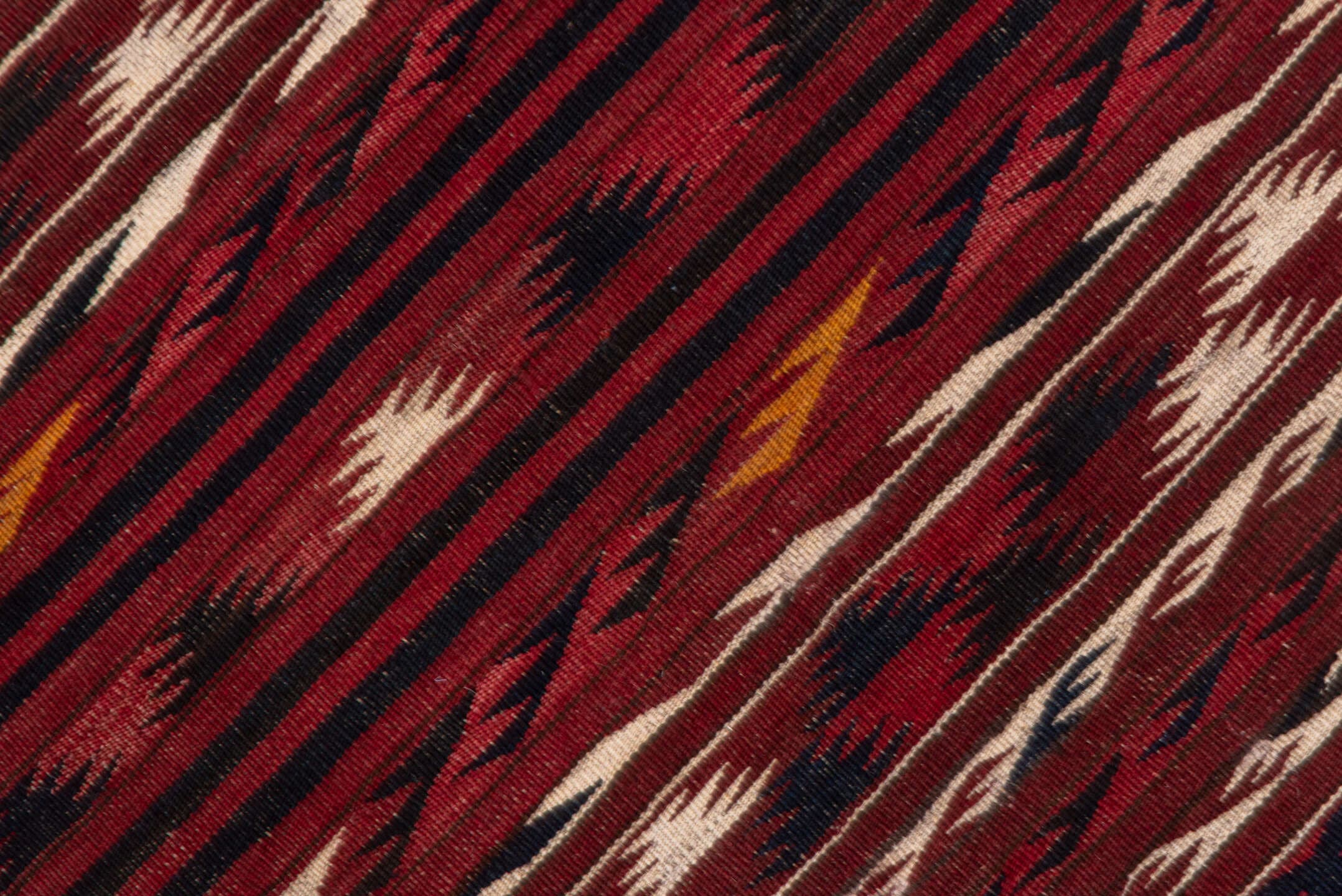 4' x 9' one-of-a-kind handmade vintage Kilim runner rug. Color palette: rust, burgundy, ivory, charcoal, gold, mahogany