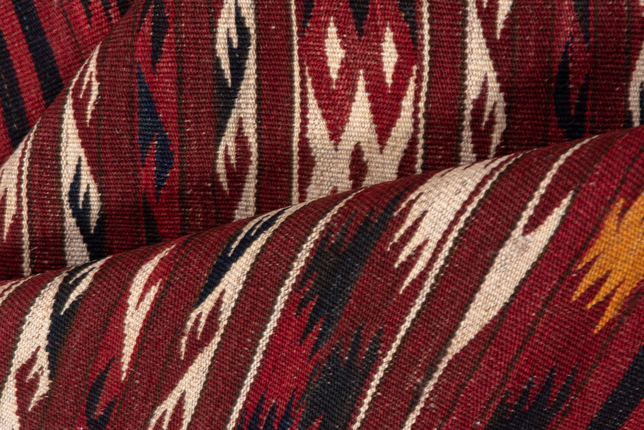 4' x 9' one-of-a-kind handmade vintage Kilim runner rug. Color palette: rust, burgundy, ivory, charcoal, gold, mahogany