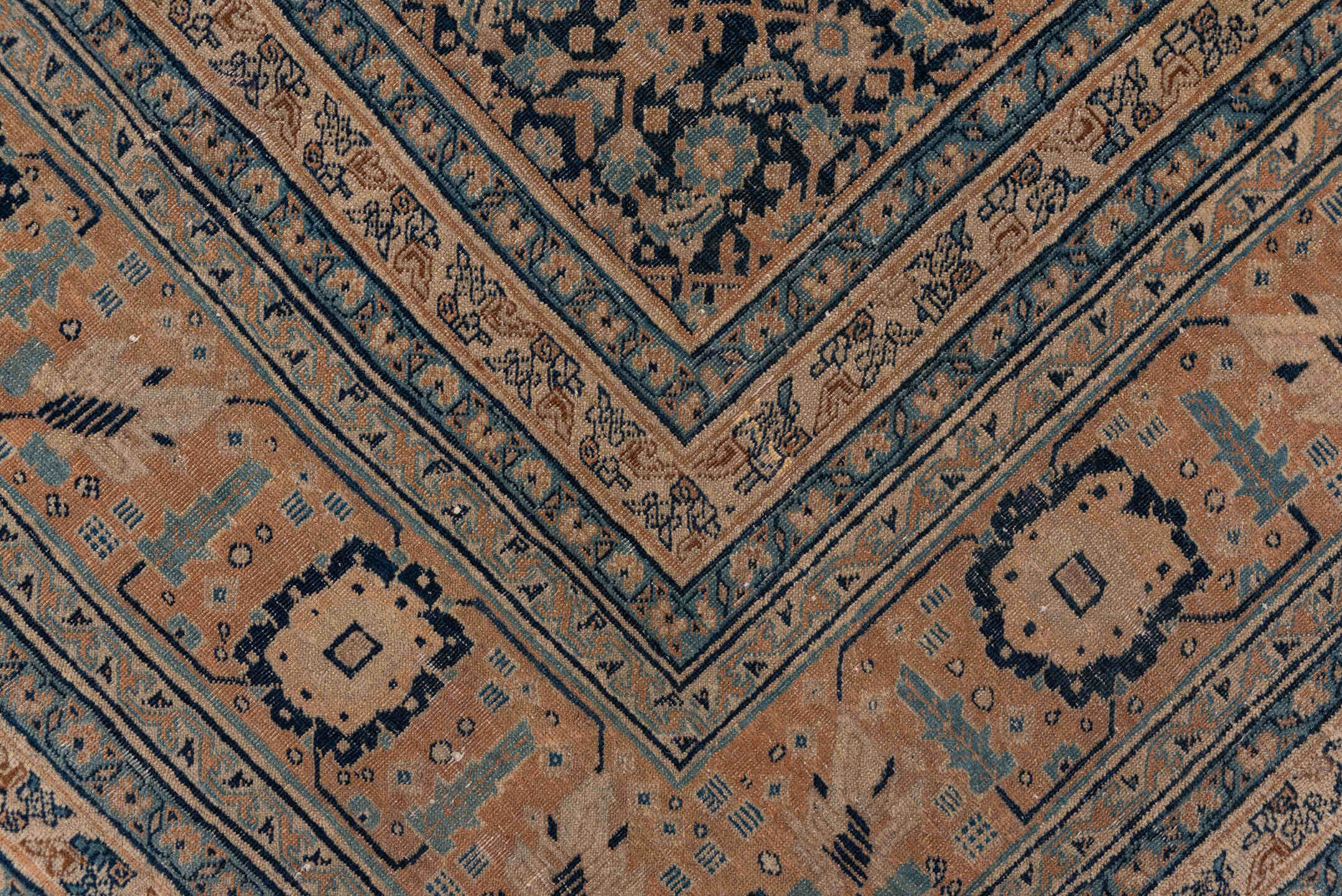 9' x 12' one-of-a-kind handmade antique Tabriz large size rug. Color palette: camel, ivory, navy, taupe, slate, sand, beige