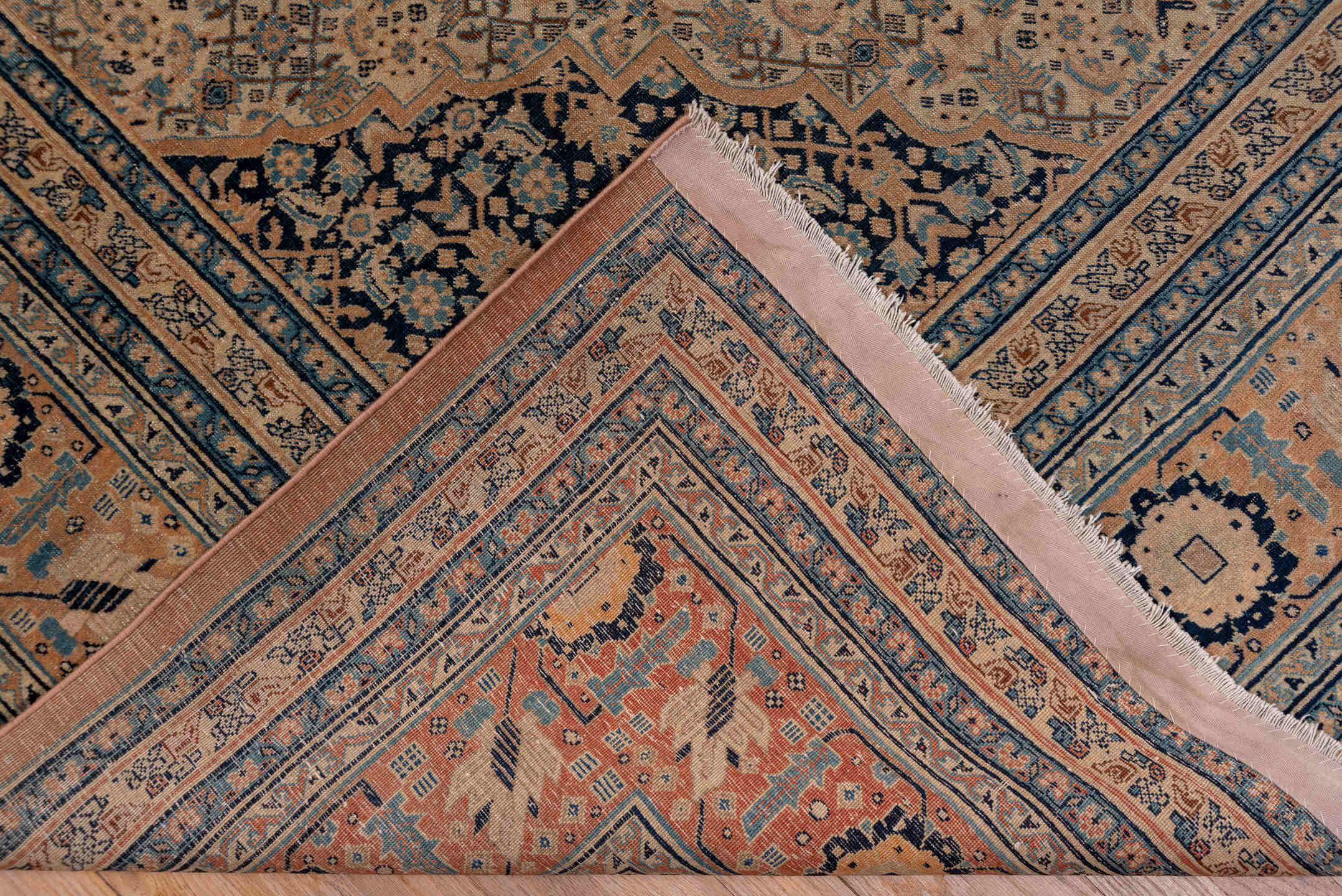 9' x 12' one-of-a-kind handmade antique Tabriz large size rug. Color palette: camel, ivory, navy, taupe, slate, sand, beige