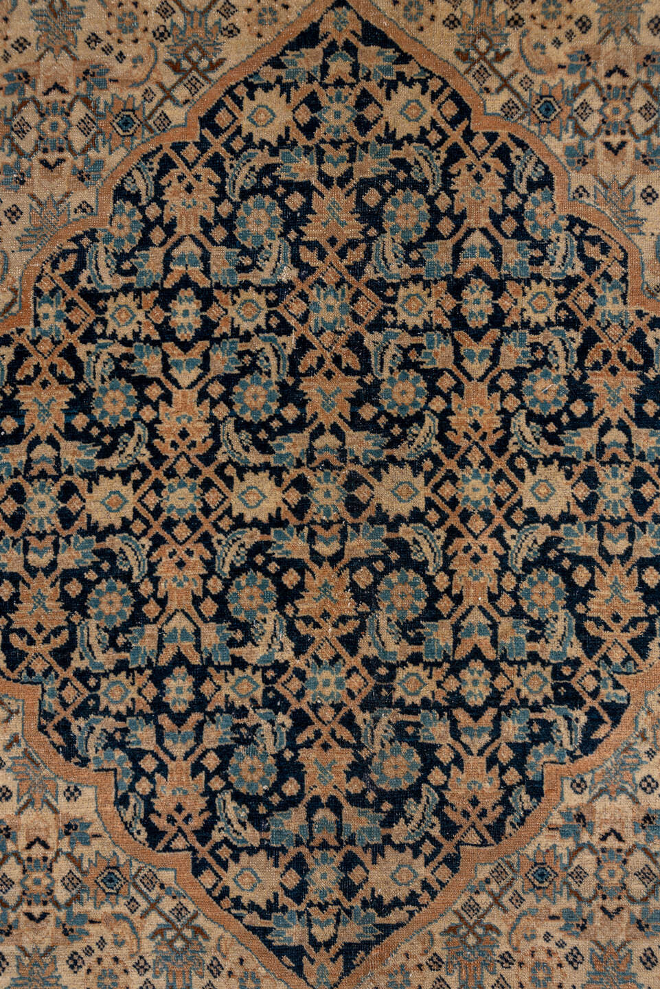 9' x 12' one-of-a-kind handmade antique Tabriz large size rug. Color palette: camel, ivory, navy, taupe, slate, sand, beige