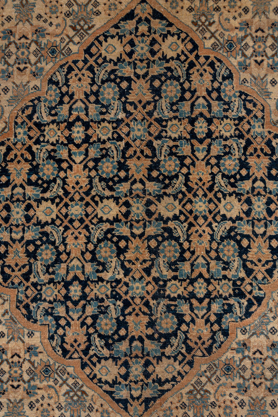 9' x 12' one-of-a-kind handmade antique Tabriz large size rug. Color palette: camel, ivory, navy, taupe, slate, sand, beige