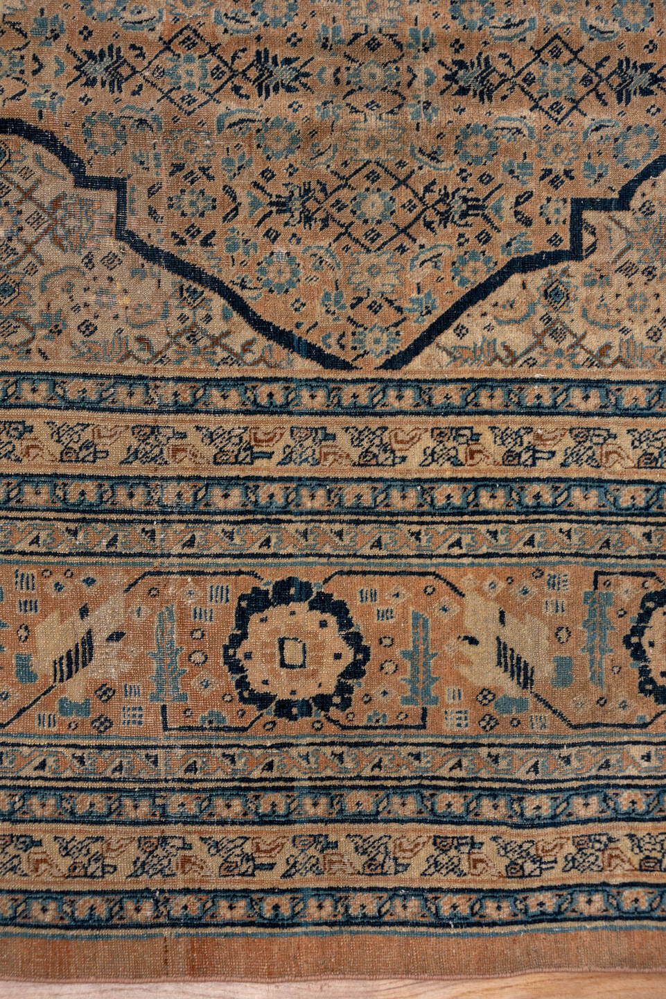 9' x 12' one-of-a-kind handmade antique Tabriz large size rug. Color palette: camel, ivory, navy, taupe, slate, sand, beige