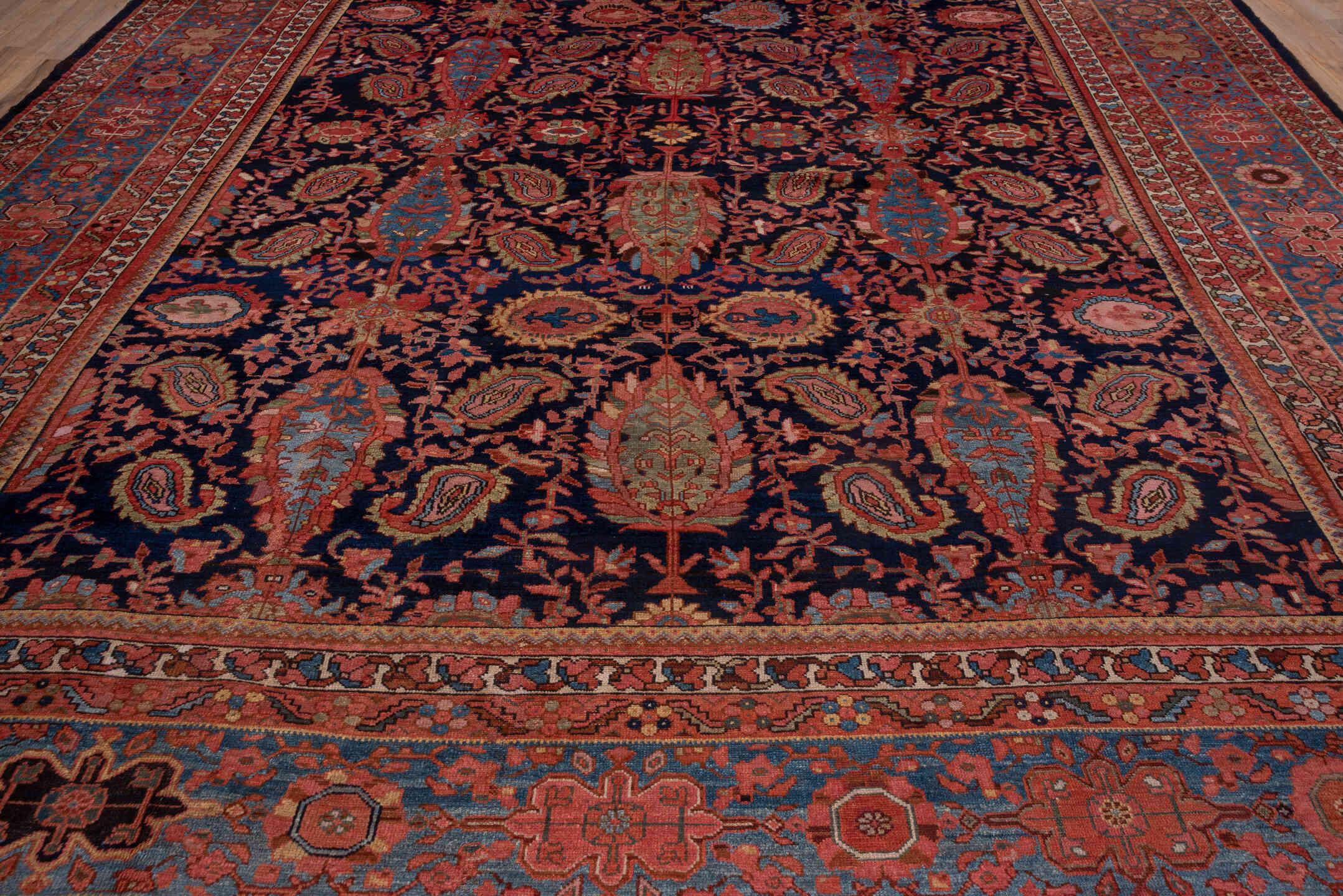 13' x 20' one-of-a-kind handmade vintage Malayer oversize rug. Color palette: indigo, sky blue, rust, coral, ivory, rose