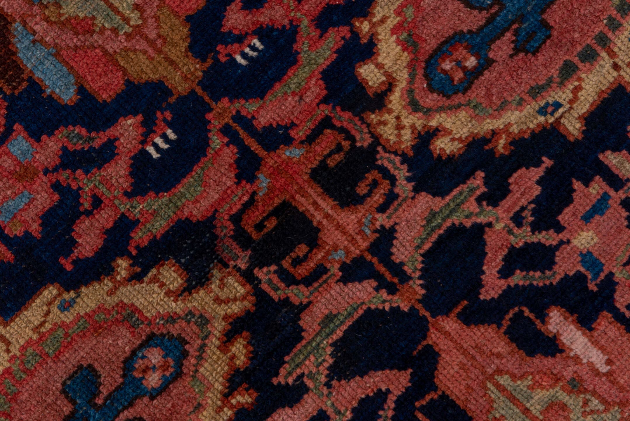 13' x 20' one-of-a-kind handmade vintage Malayer oversize rug. Color palette: indigo, sky blue, rust, coral, ivory, rose