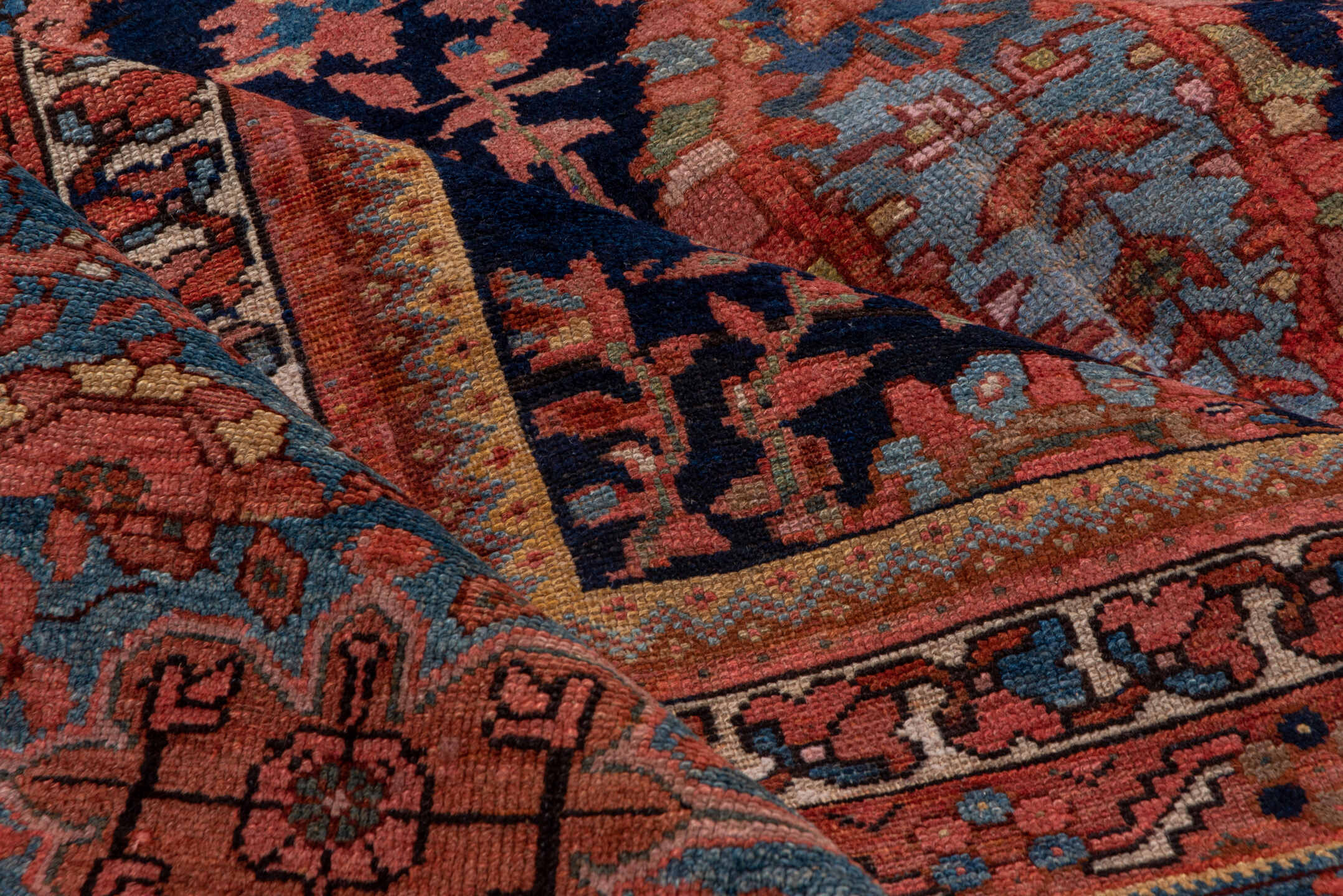 13' x 20' one-of-a-kind handmade vintage Malayer oversize rug. Color palette: indigo, sky blue, rust, coral, ivory, rose