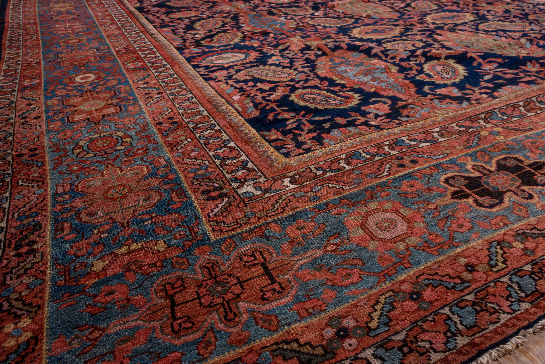 13' x 20' one-of-a-kind handmade vintage Malayer oversize rug. Color palette: indigo, sky blue, rust, coral, ivory, rose