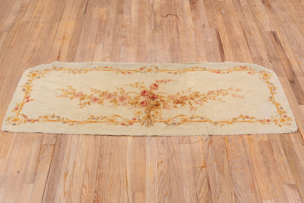 2' x 5' one-of-a-kind handmade vintage Aubusson small size rug. Color palette: ivory, gold, cream, rose, taupe, pale_blue