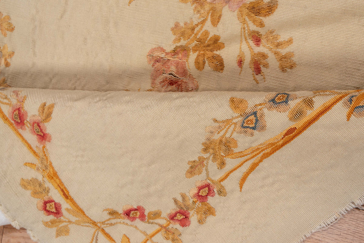 2' x 5' one-of-a-kind handmade vintage Aubusson small size rug. Color palette: ivory, gold, cream, rose, taupe, pale_blue