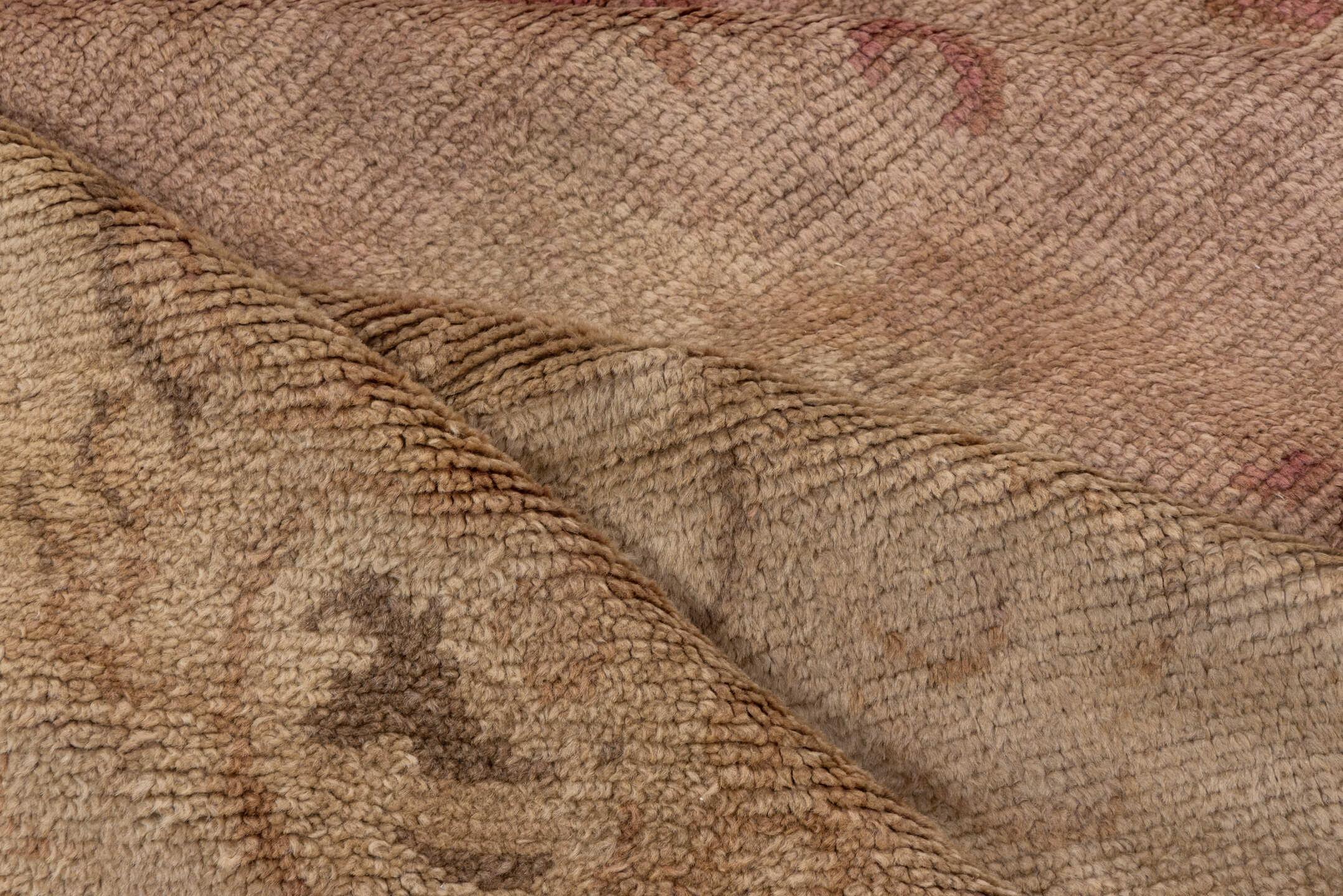 8' x 17' one-of-a-kind handmade vintage Savonnerie rug. Color palette: brown, gray, off-white, pink, red, snow, white