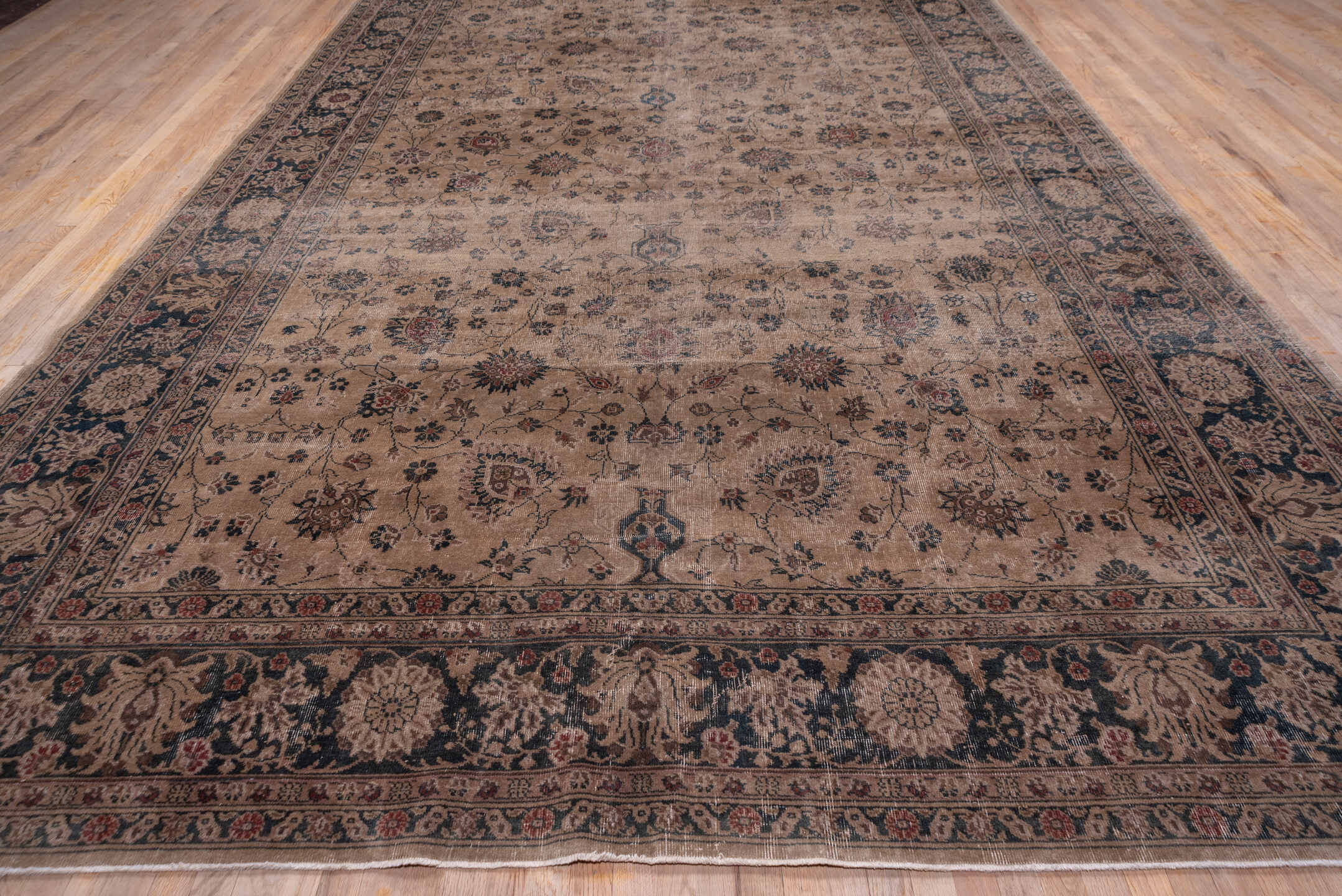 9' x 15' one-of-a-kind handmade antique Sparta rug. Color palette: taupe, navy, ivory, rose, slate, terra cotta, camel