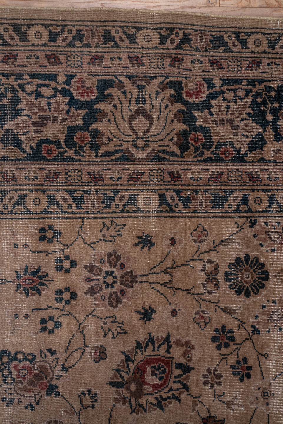 9' x 15' one-of-a-kind handmade antique Sparta rug. Color palette: taupe, navy, ivory, rose, slate, terra cotta, camel