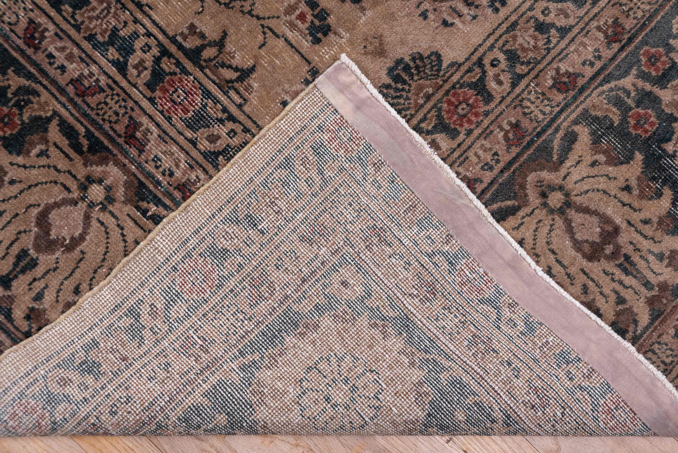 9' x 15' one-of-a-kind handmade antique Sparta rug. Color palette: taupe, navy, ivory, rose, slate, terra cotta, camel