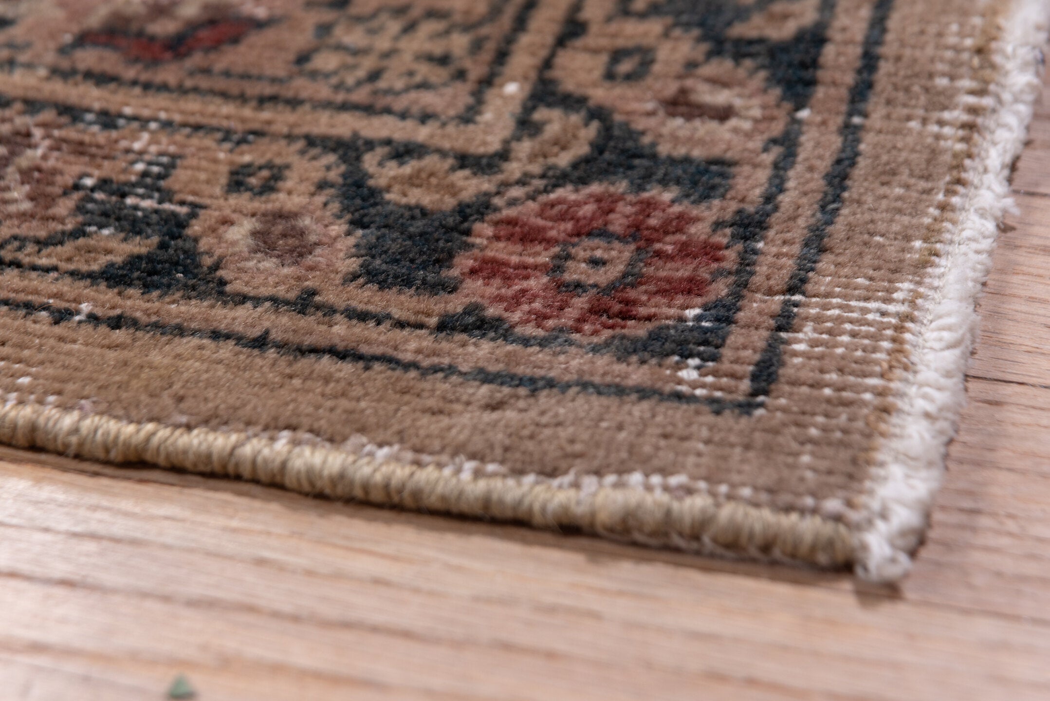 9' x 15' one-of-a-kind handmade antique Sparta rug. Color palette: taupe, navy, ivory, rose, slate, terra cotta, camel