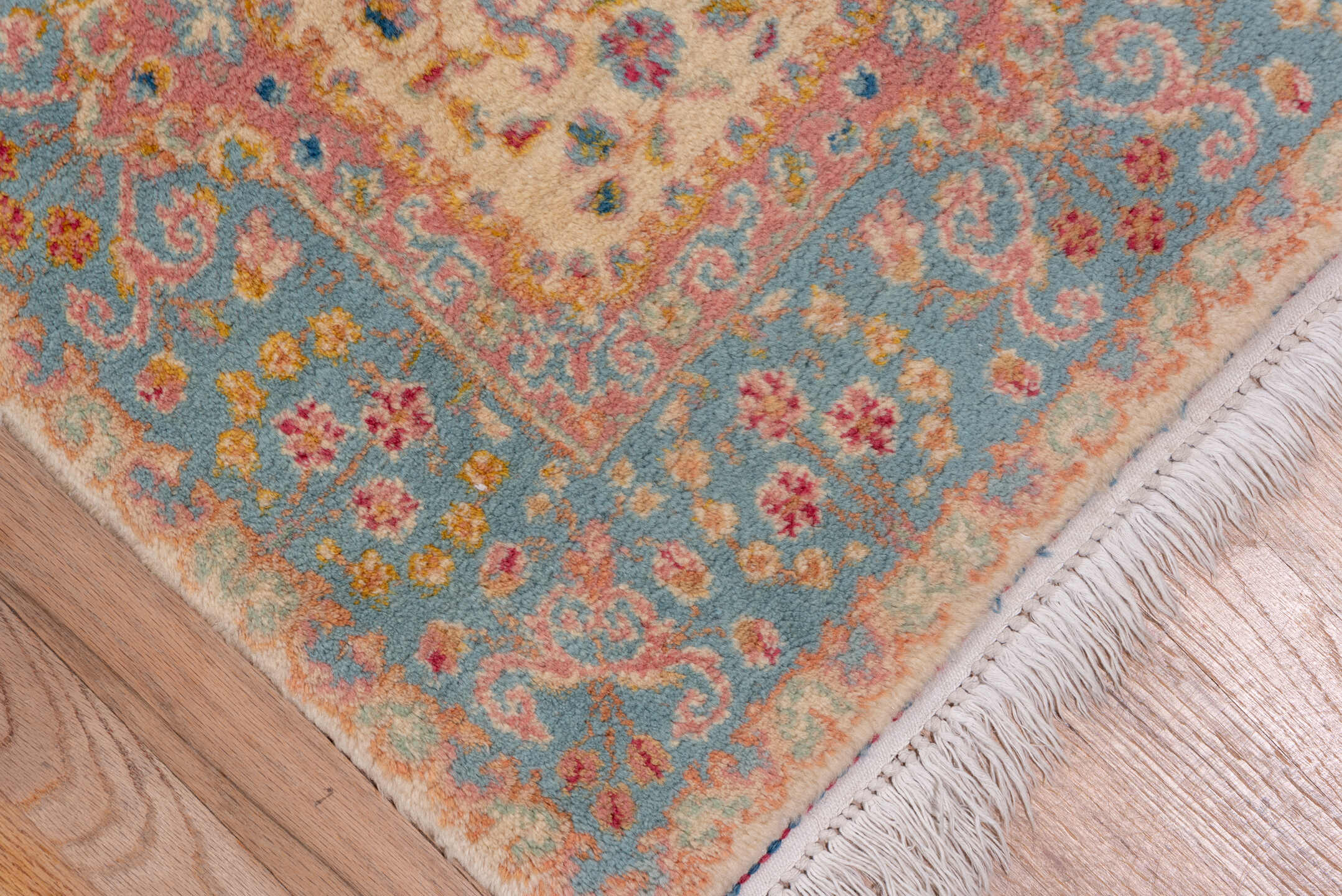 2' x 20' one-of-a-kind handmade vintage Kerman runner rug. Color palette: ivory, blue, rust, rose, gold, taupe, terracotta