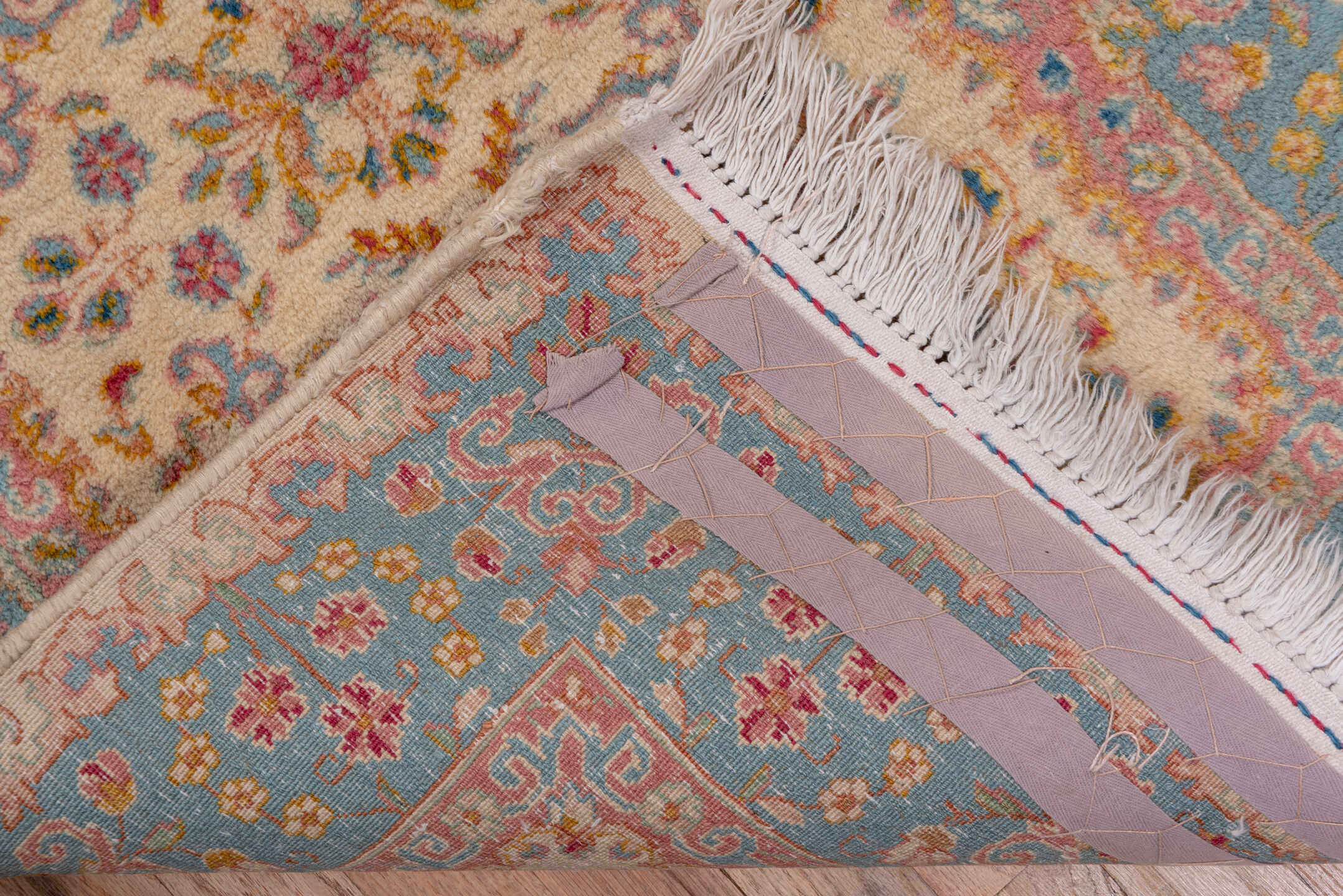2' x 20' one-of-a-kind handmade vintage Kerman runner rug. Color palette: ivory, blue, rust, rose, gold, taupe, terracotta