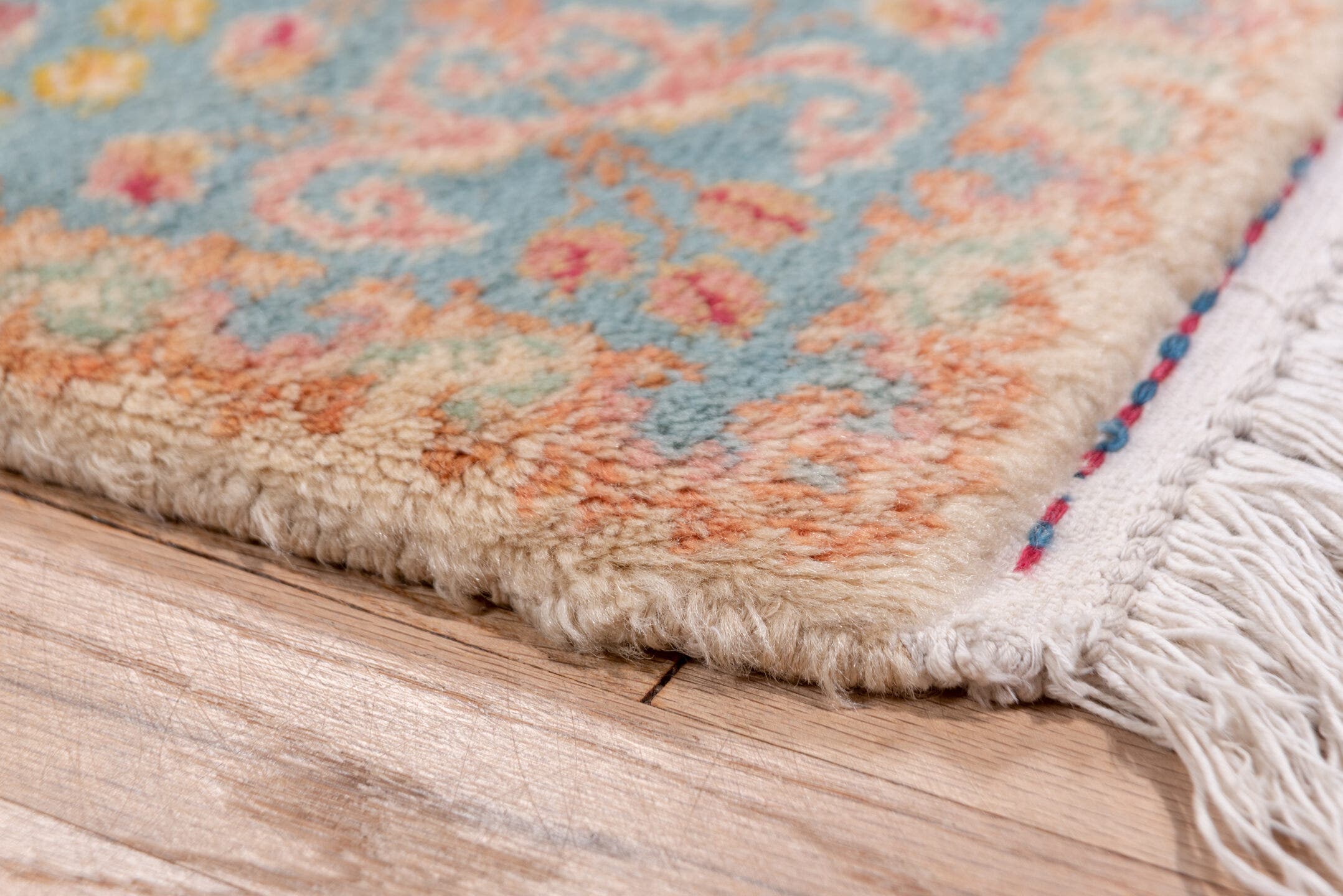 2' x 20' one-of-a-kind handmade vintage Kerman runner rug. Color palette: ivory, blue, rust, rose, gold, taupe, terracotta
