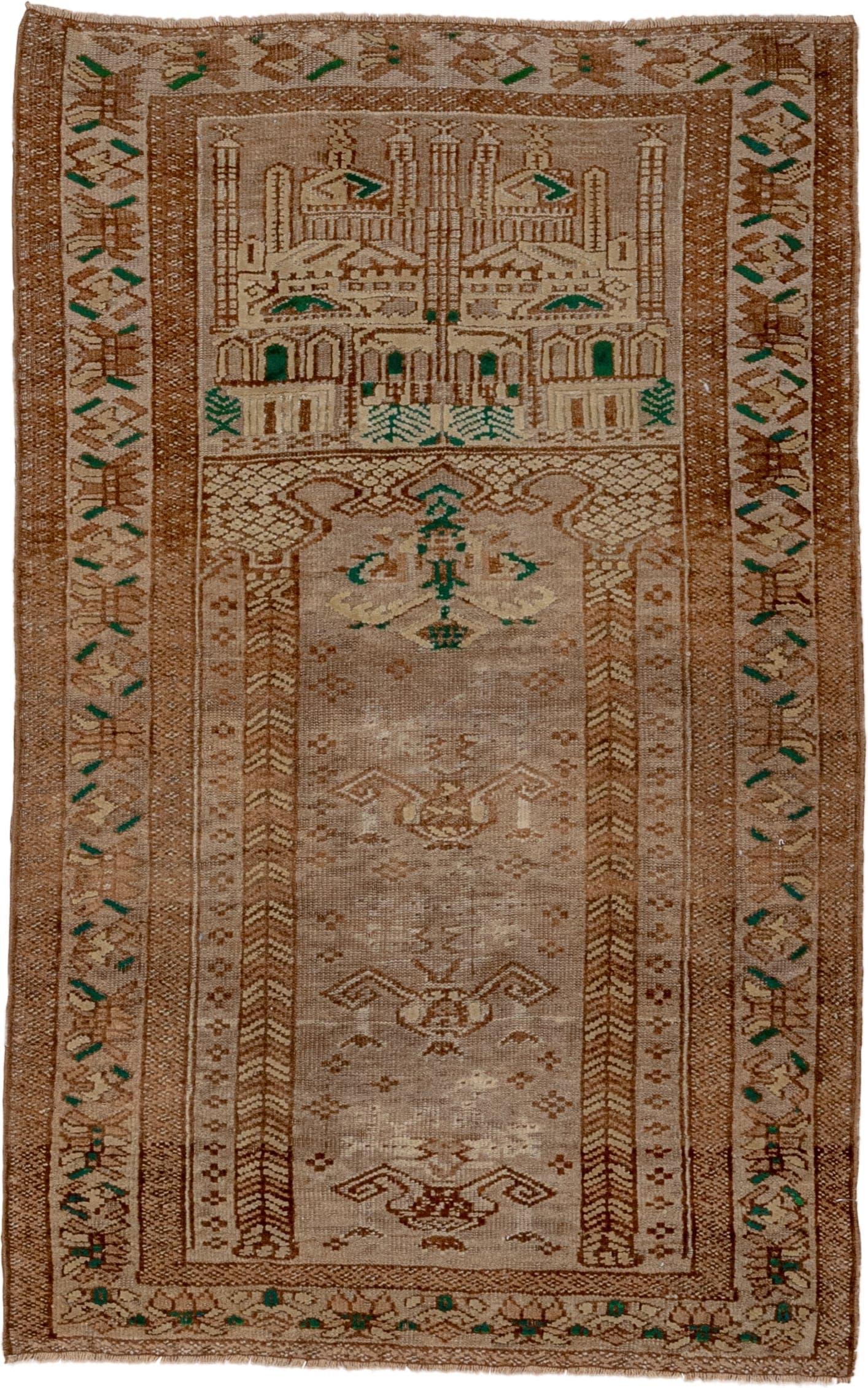 2' x 4' one-of-a-kind handmade vintage Belouch small size rug. Color palette: taupe, camel, brown, ivory, sage, beige, gray