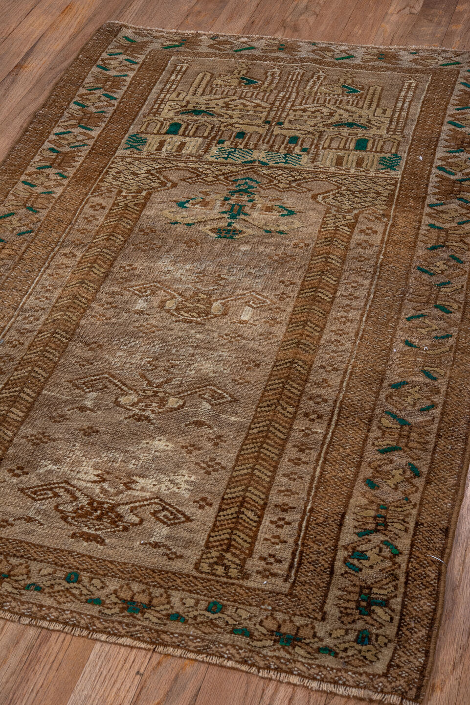 2' x 4' one-of-a-kind handmade vintage Belouch small size rug. Color palette: taupe, camel, brown, ivory, sage, beige, gray