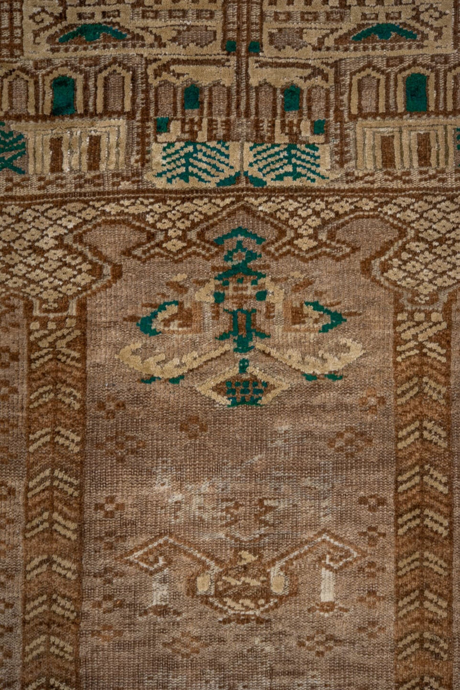 2' x 4' one-of-a-kind handmade vintage Belouch small size rug. Color palette: taupe, camel, brown, ivory, sage, beige, gray