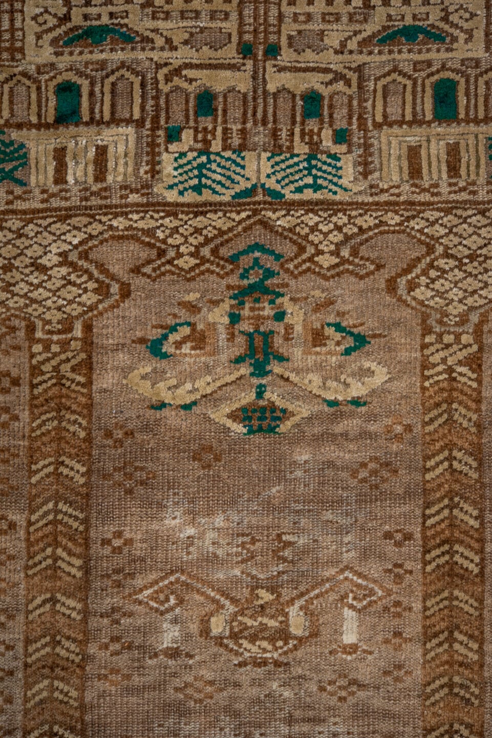 2' x 4' one-of-a-kind handmade vintage Belouch small size rug. Color palette: taupe, camel, brown, ivory, sage, beige, gray