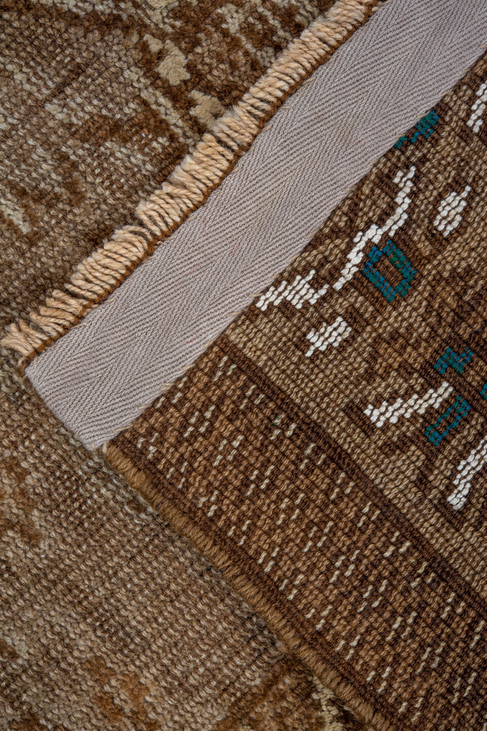 2' x 4' one-of-a-kind handmade vintage Belouch small size rug. Color palette: taupe, camel, brown, ivory, sage, beige, gray