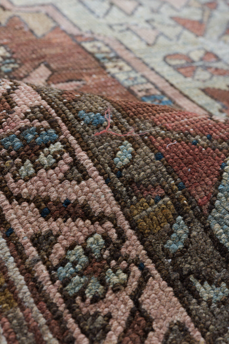 8' x 12' one-of-a-kind handmade antique Serapi large size rug. Color palette: ivory, rust, sky blue, taupe, brown, slate