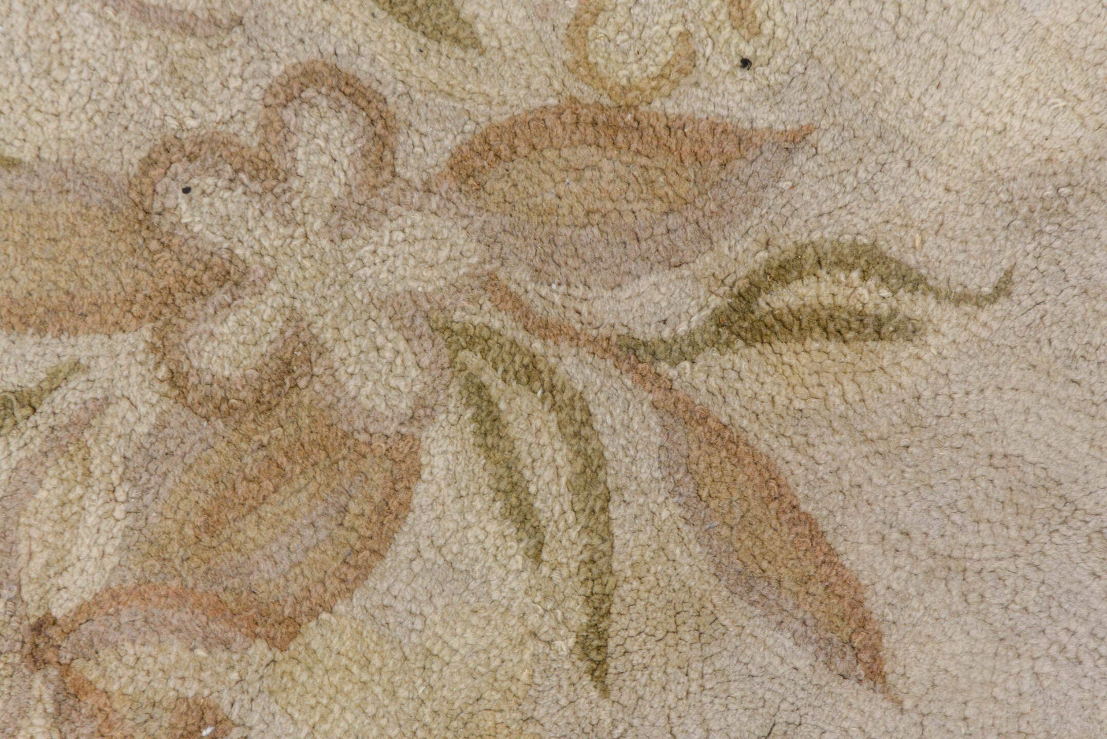 11' x 17' one-of-a-kind handmade antique Hooked oversize rug. Color palette: ivory, beige, taupe, cream, sand, gray