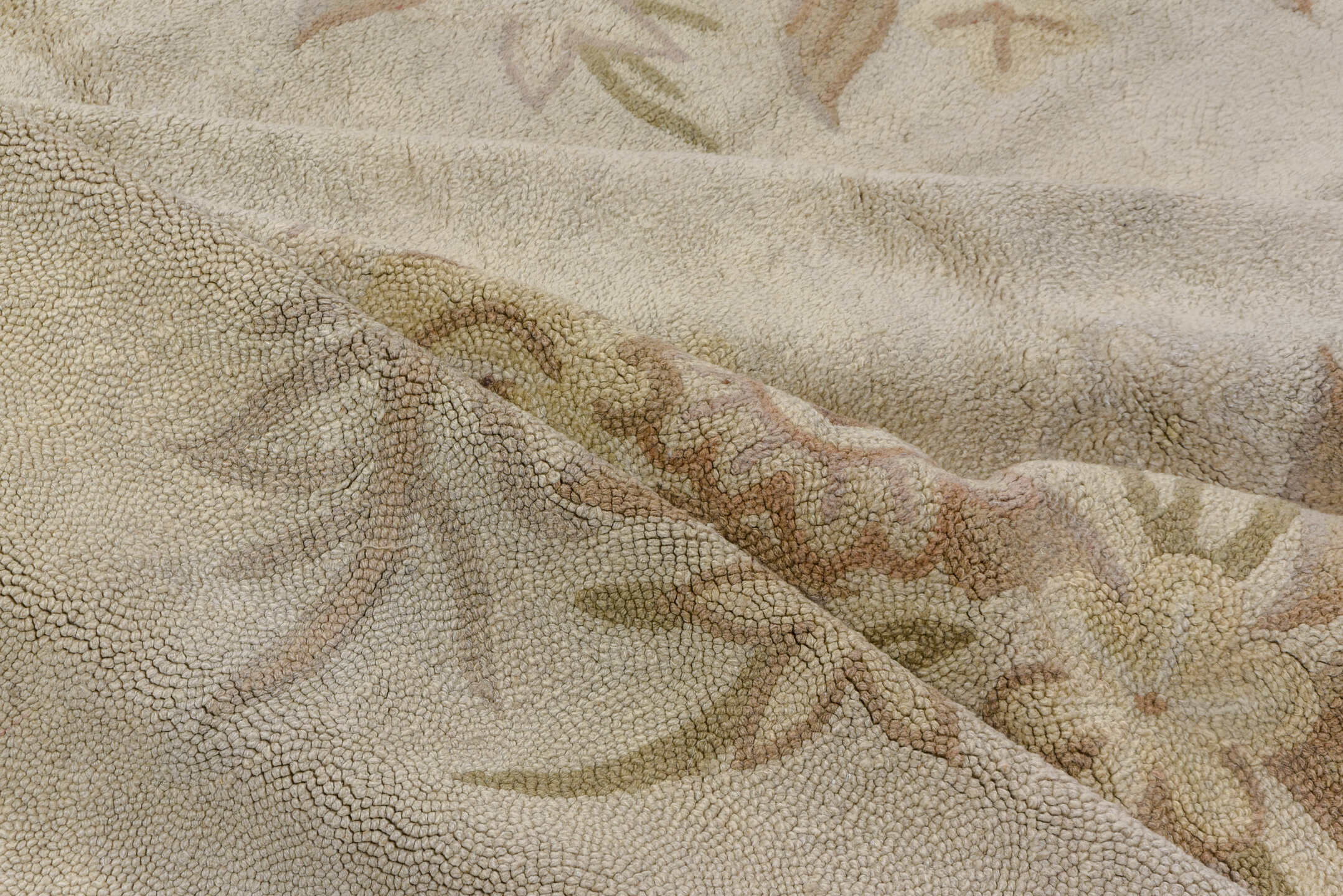 11' x 17' one-of-a-kind handmade antique Hooked oversize rug. Color palette: ivory, beige, taupe, cream, sand, gray