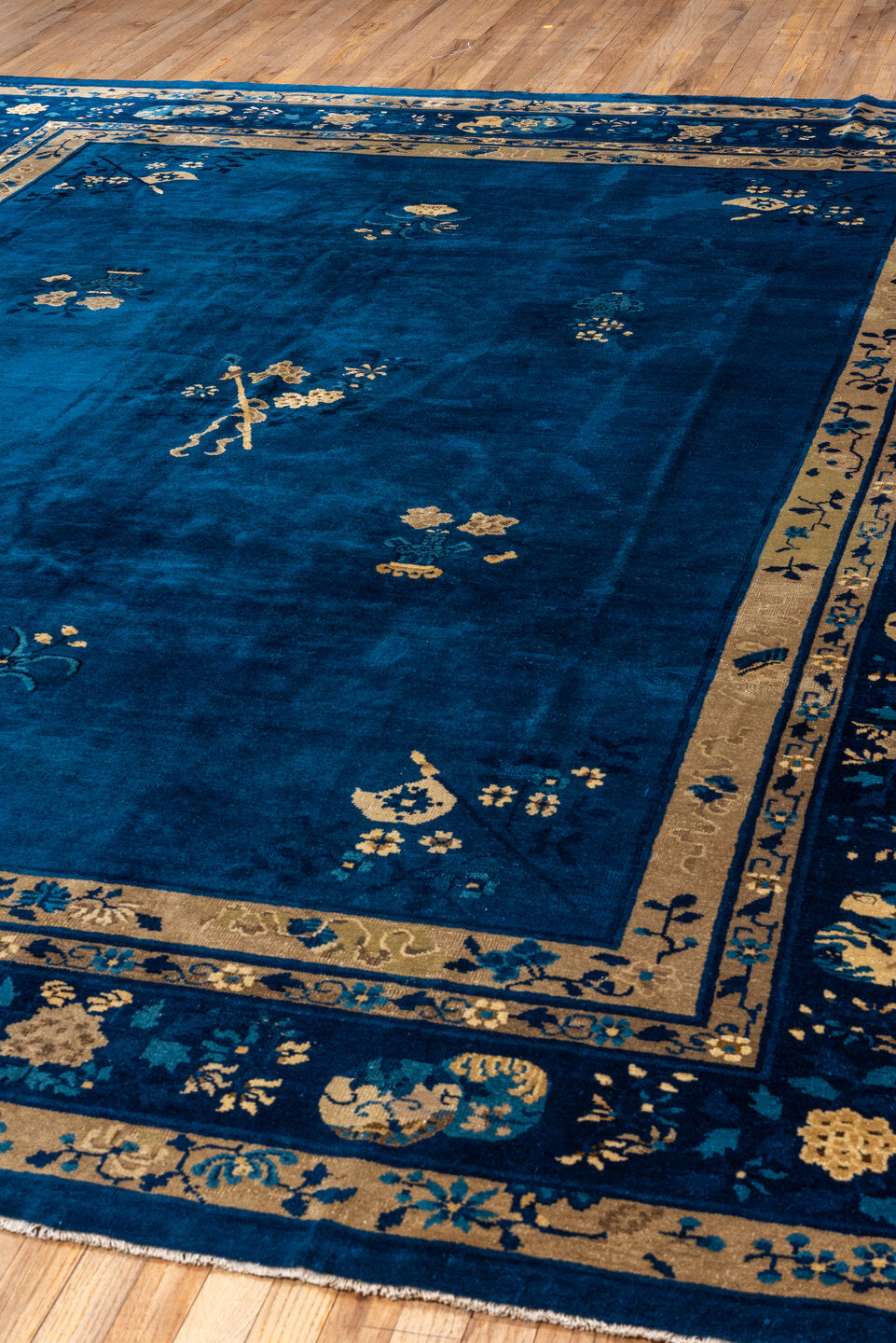 9' x 12' one-of-a-kind handmade vintage Chinese large size rug. Color palette: blue, brown, gray, tan