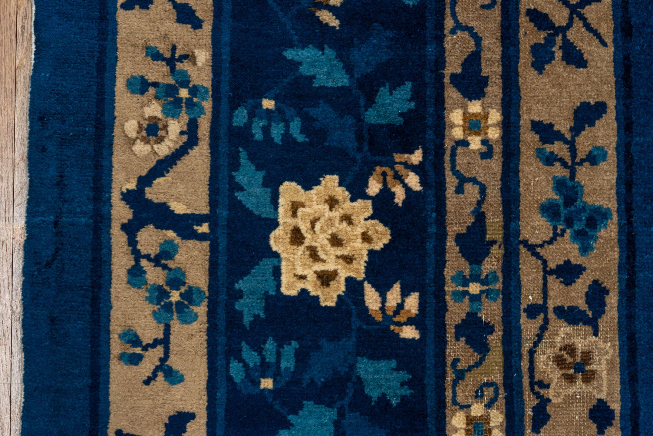 9' x 12' one-of-a-kind handmade antique Chinese large size rug. Color palette: cobalt, ivory, navy, teal, camel, charcoal