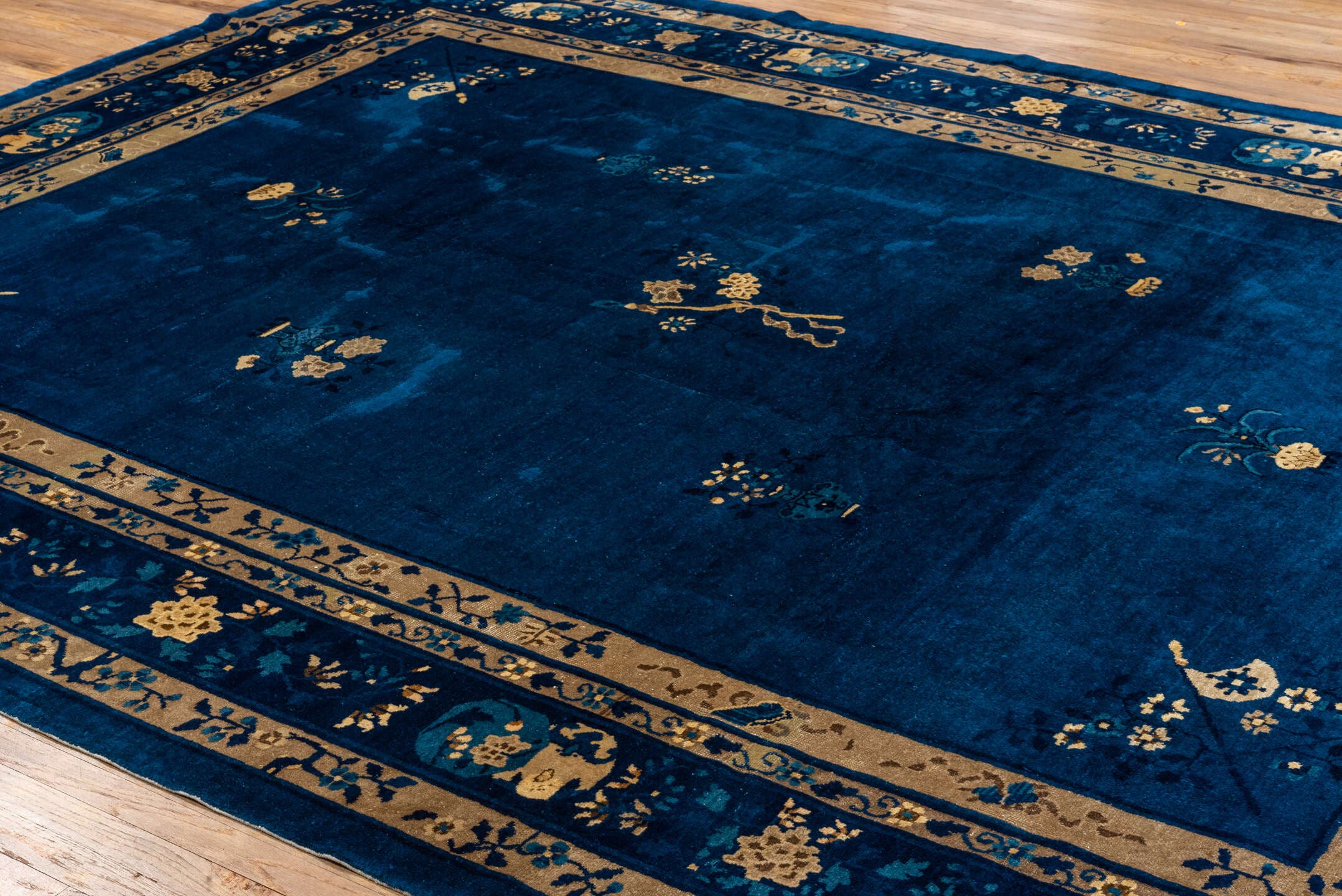 9' x 12' one-of-a-kind handmade antique Chinese large size rug. Color palette: cobalt, ivory, navy, teal, camel, charcoal
