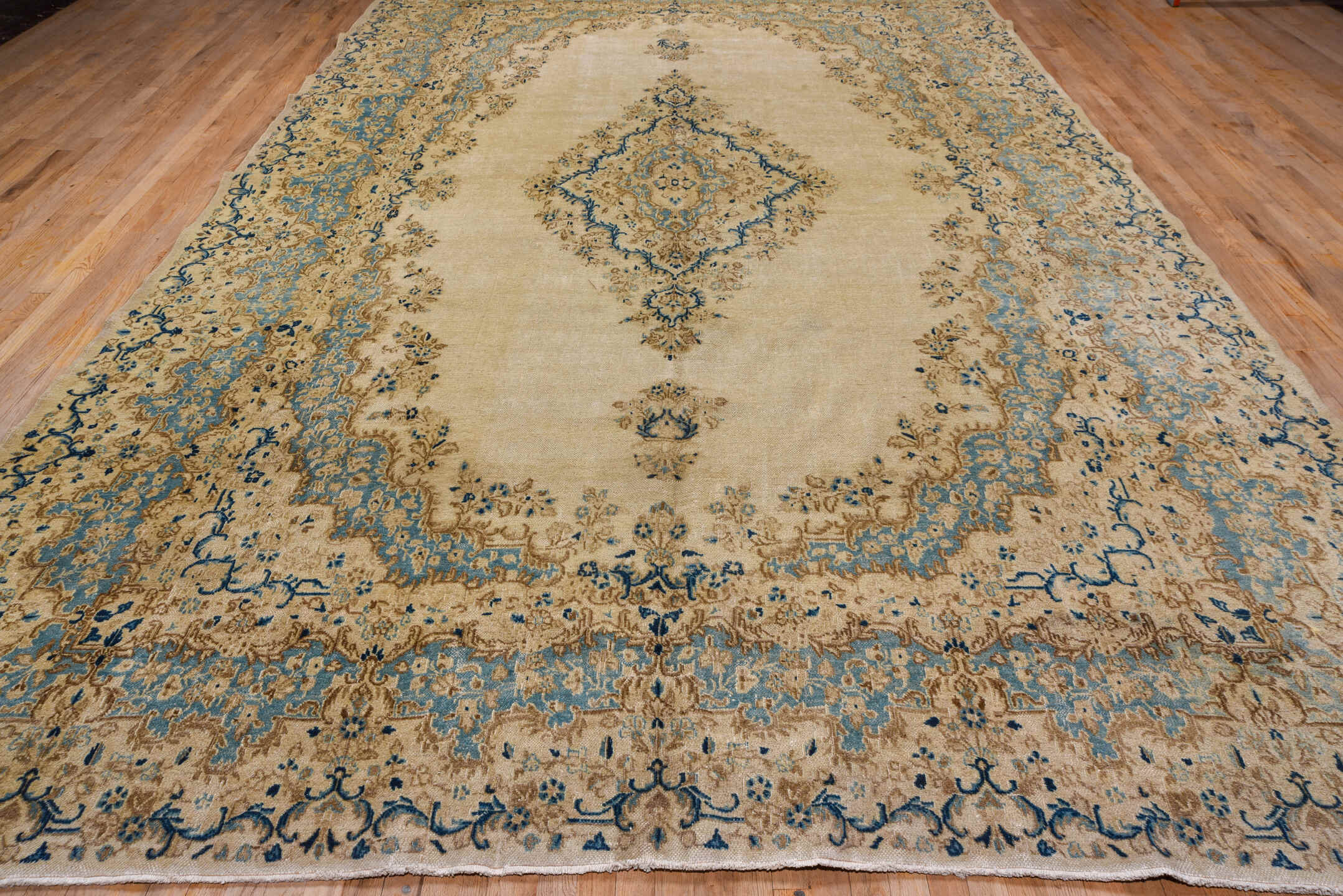 10' x 15' one-of-a-kind handmade antique Kazvin rug. Color palette: ivory, aqua, beige, navy, camel, taupe, teal, blue, gray