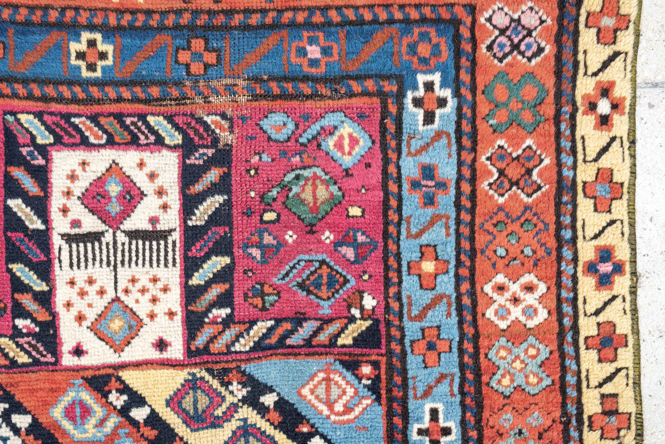 2' x 4' one-of-a-kind handmade vintage Karabagh small size rug. Color palette: terracotta, ivory, sky blue, navy, magenta