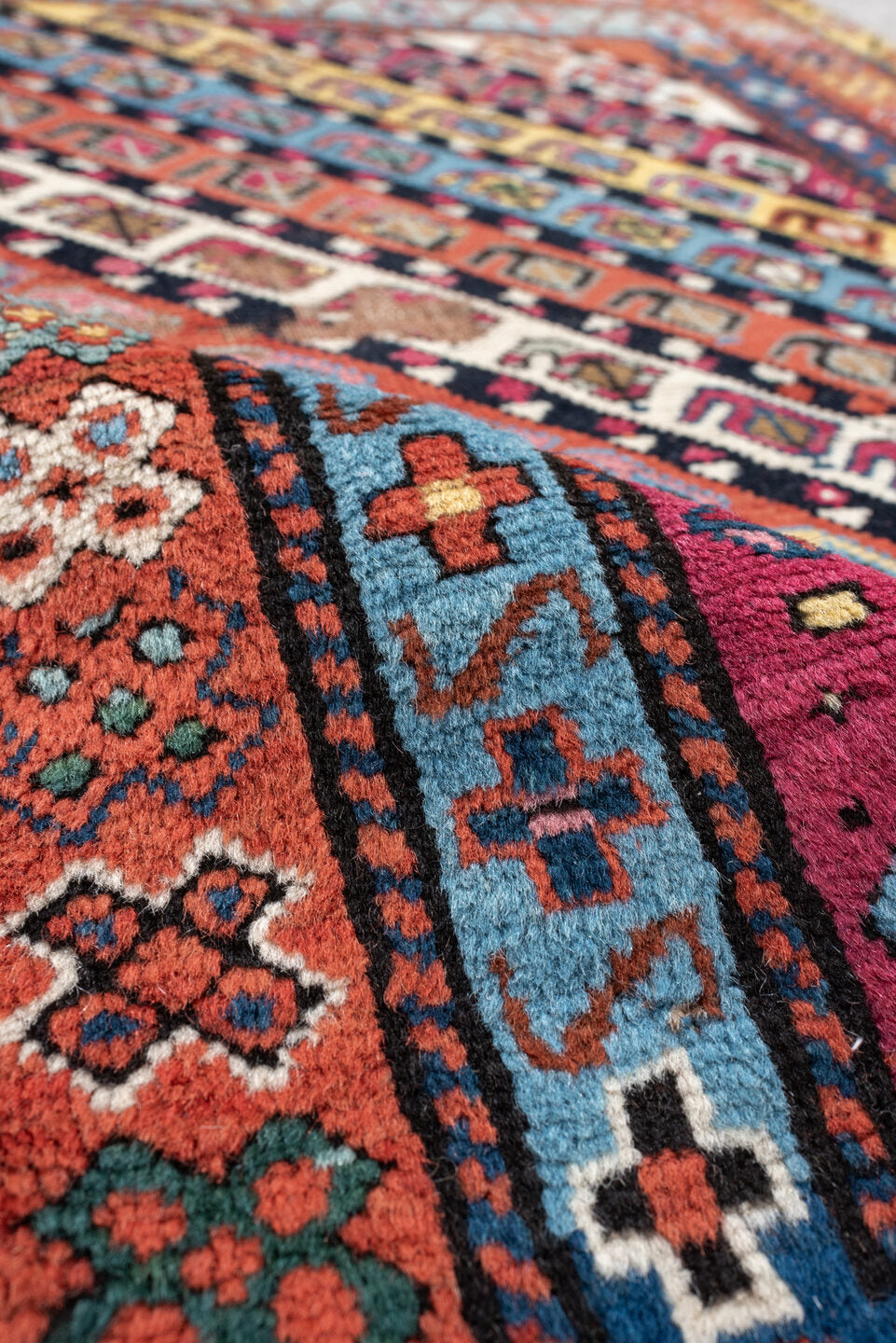 2' x 4' one-of-a-kind handmade vintage Karabagh small size rug. Color palette: terracotta, ivory, sky blue, navy, magenta