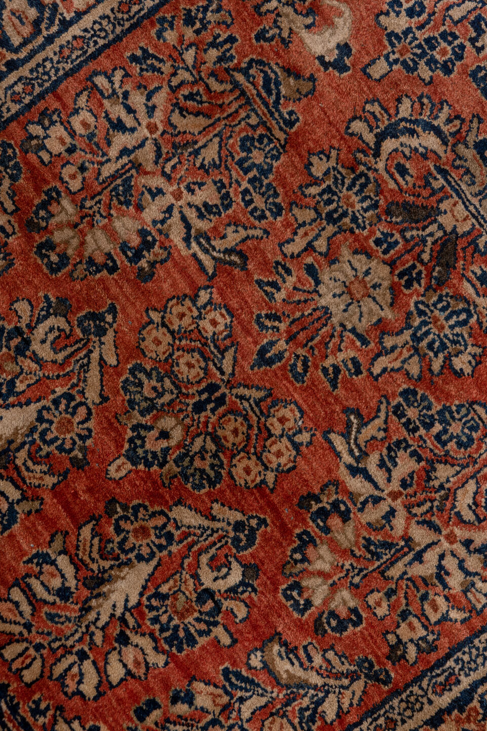 2' x 10' one-of-a-kind handmade antique Sarouk runner rug. Color palette: rust, navy, ivory, blue, camel, brown, terracotta