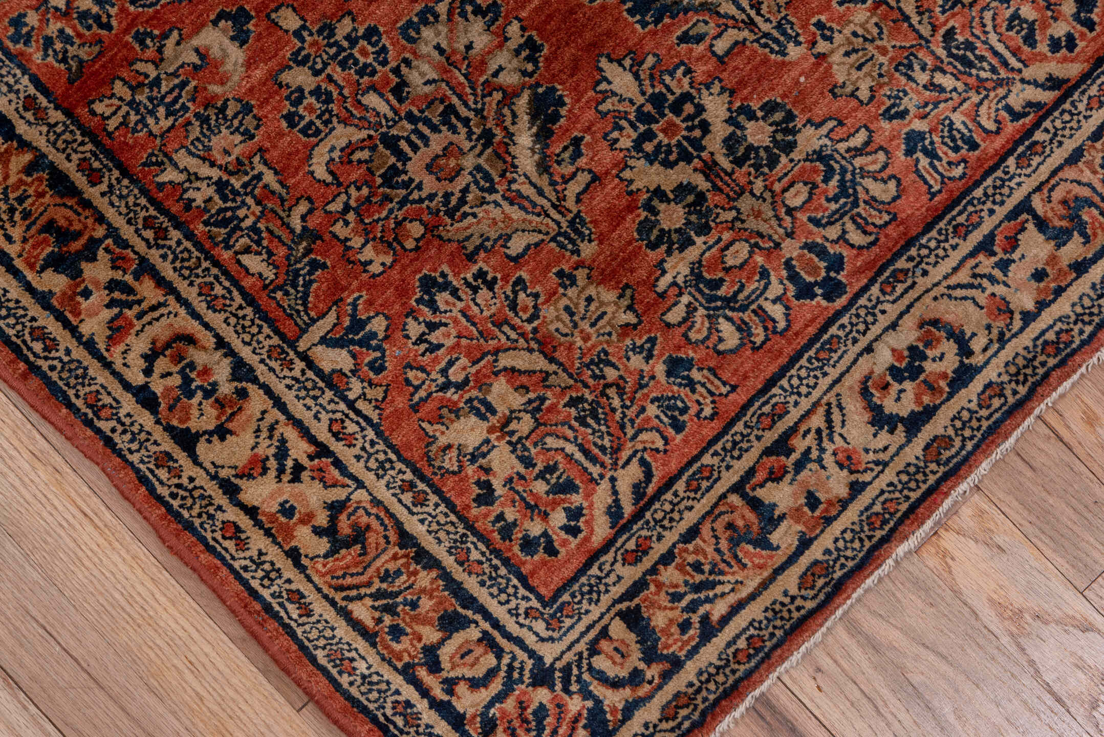 2' x 10' one-of-a-kind handmade antique Sarouk runner rug. Color palette: rust, navy, ivory, blue, camel, brown, terracotta