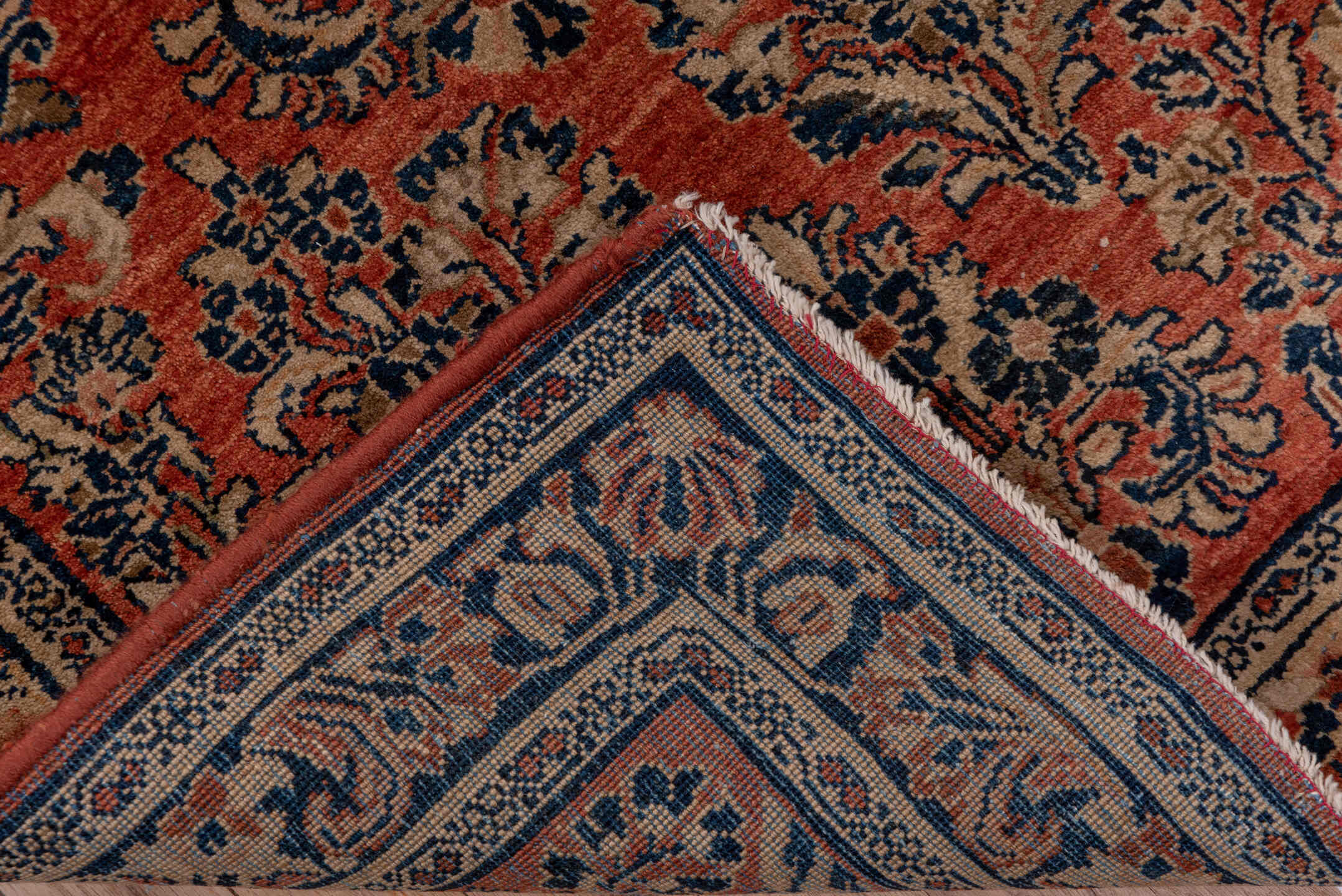2' x 10' one-of-a-kind handmade antique Sarouk runner rug. Color palette: rust, navy, ivory, blue, camel, brown, terracotta