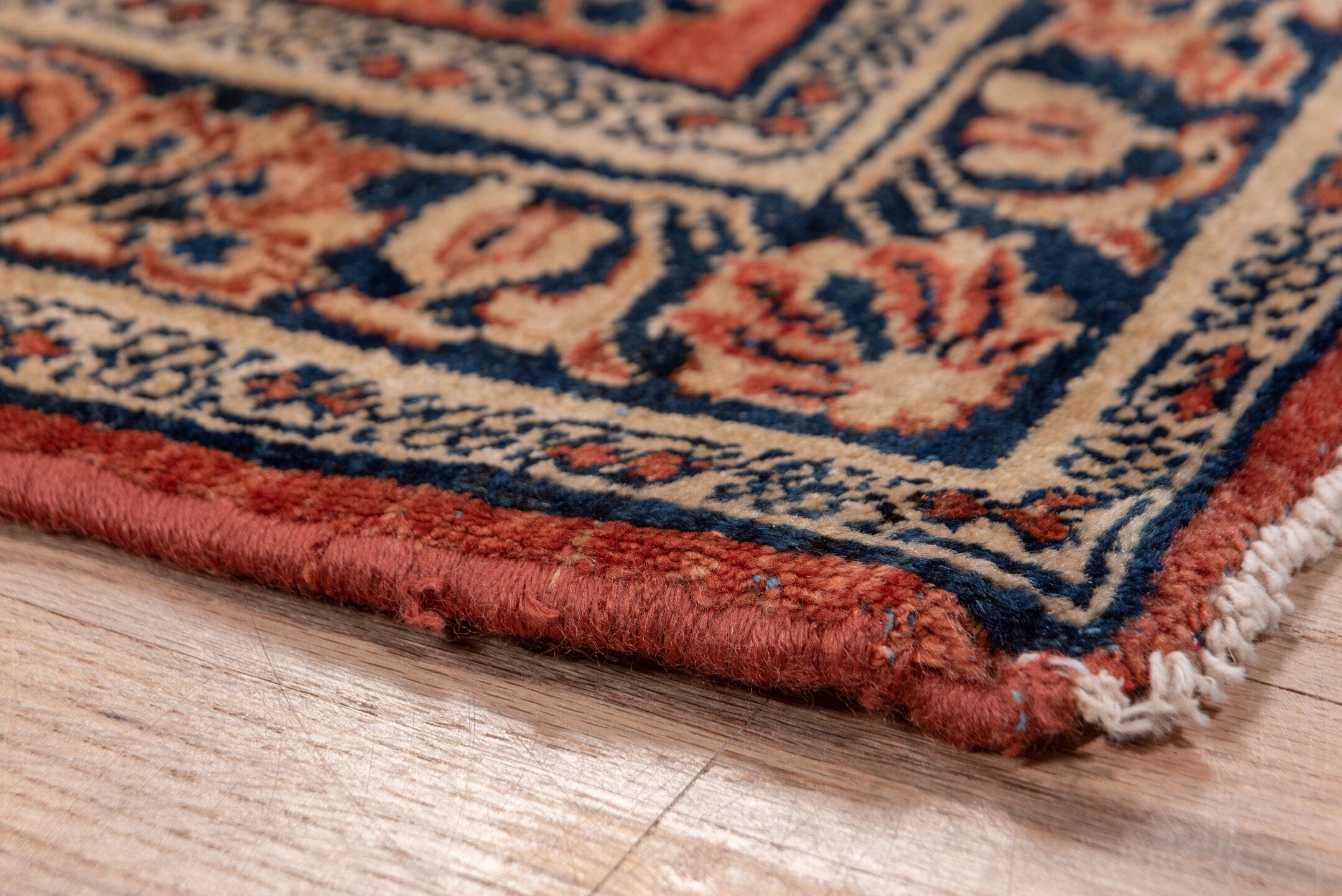 2' x 10' one-of-a-kind handmade antique Sarouk runner rug. Color palette: rust, navy, ivory, blue, camel, brown, terracotta