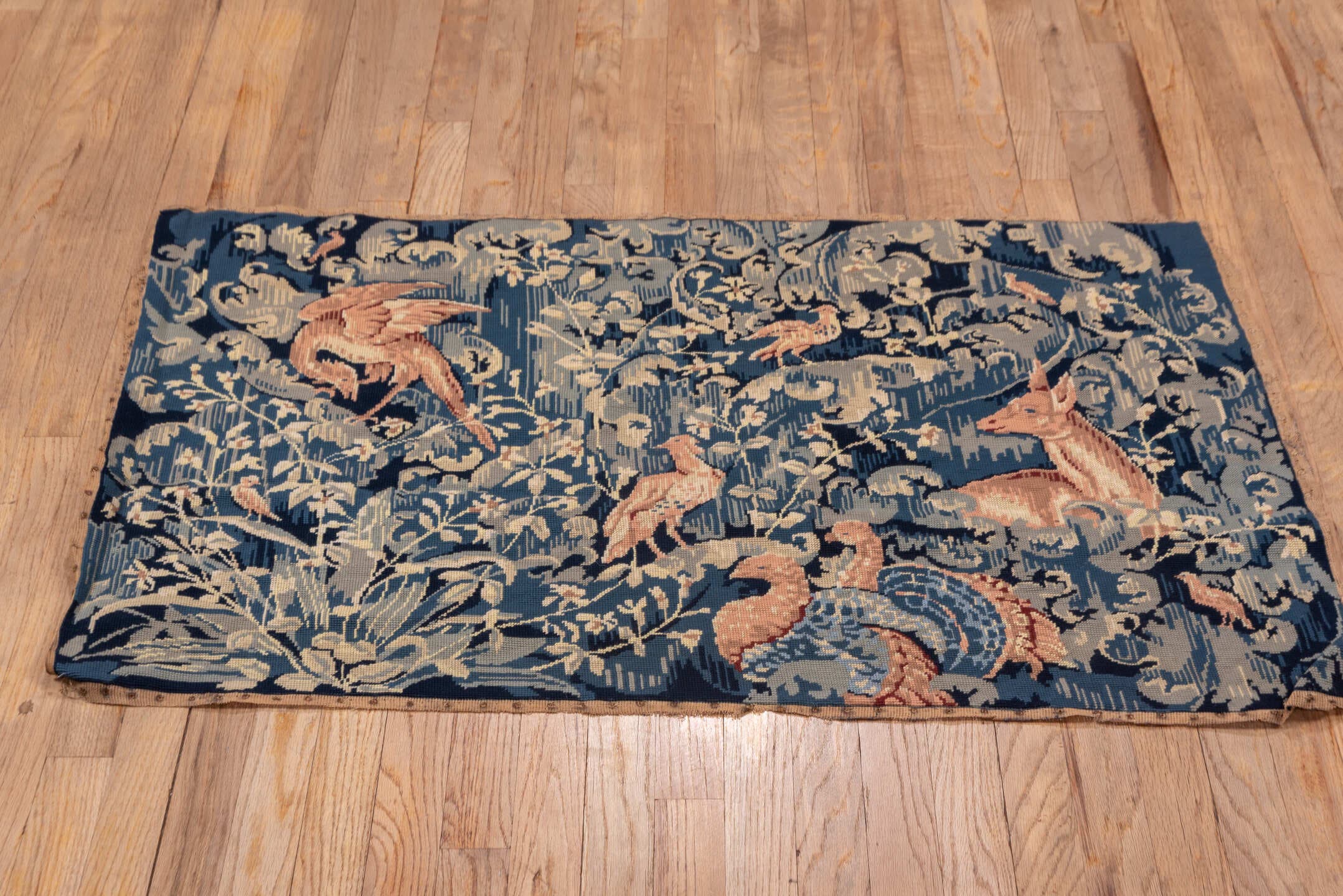 2' x 4' one-of-a-kind handmade vintage Needlepoint small size rug. Color palette: blue, ivory, rose, slate, taupe, navy