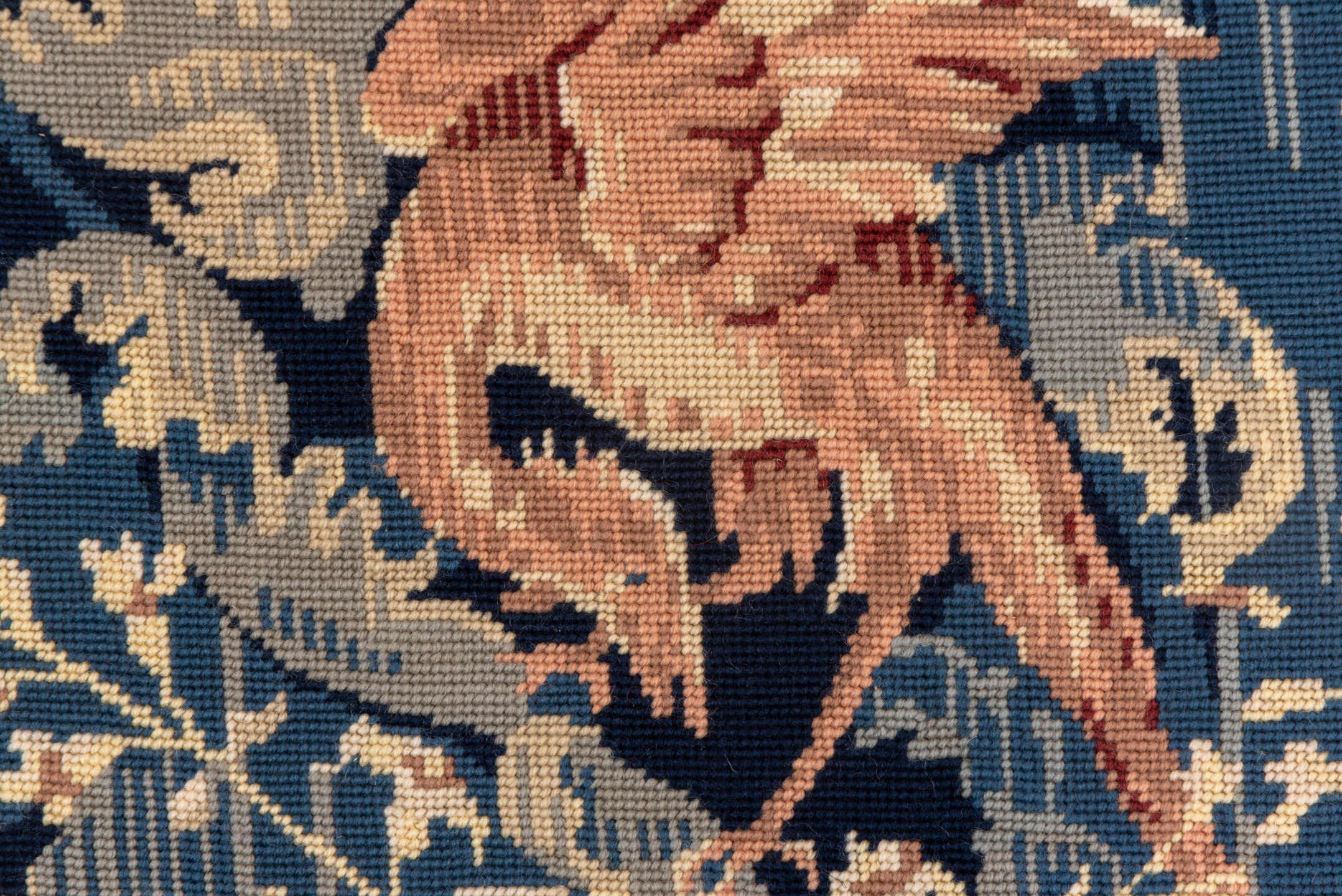 2' x 4' one-of-a-kind handmade vintage Needlepoint small size rug. Color palette: black, blue, brown, charcoal, dark gray