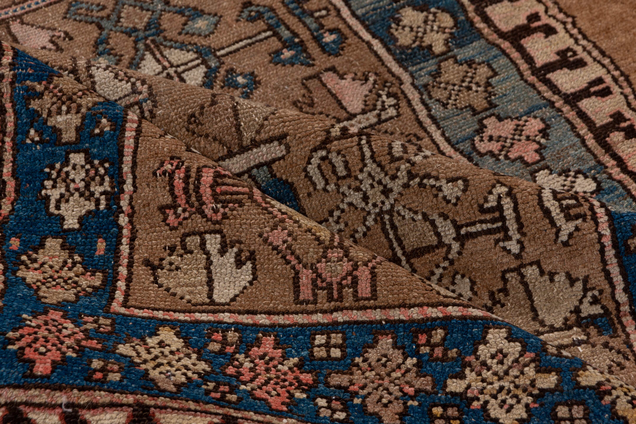 3' x 8' one-of-a-kind handmade antique Cam Hamadan runner rug. Color palette: taupe, brown, indigo, ivory, rose, camel