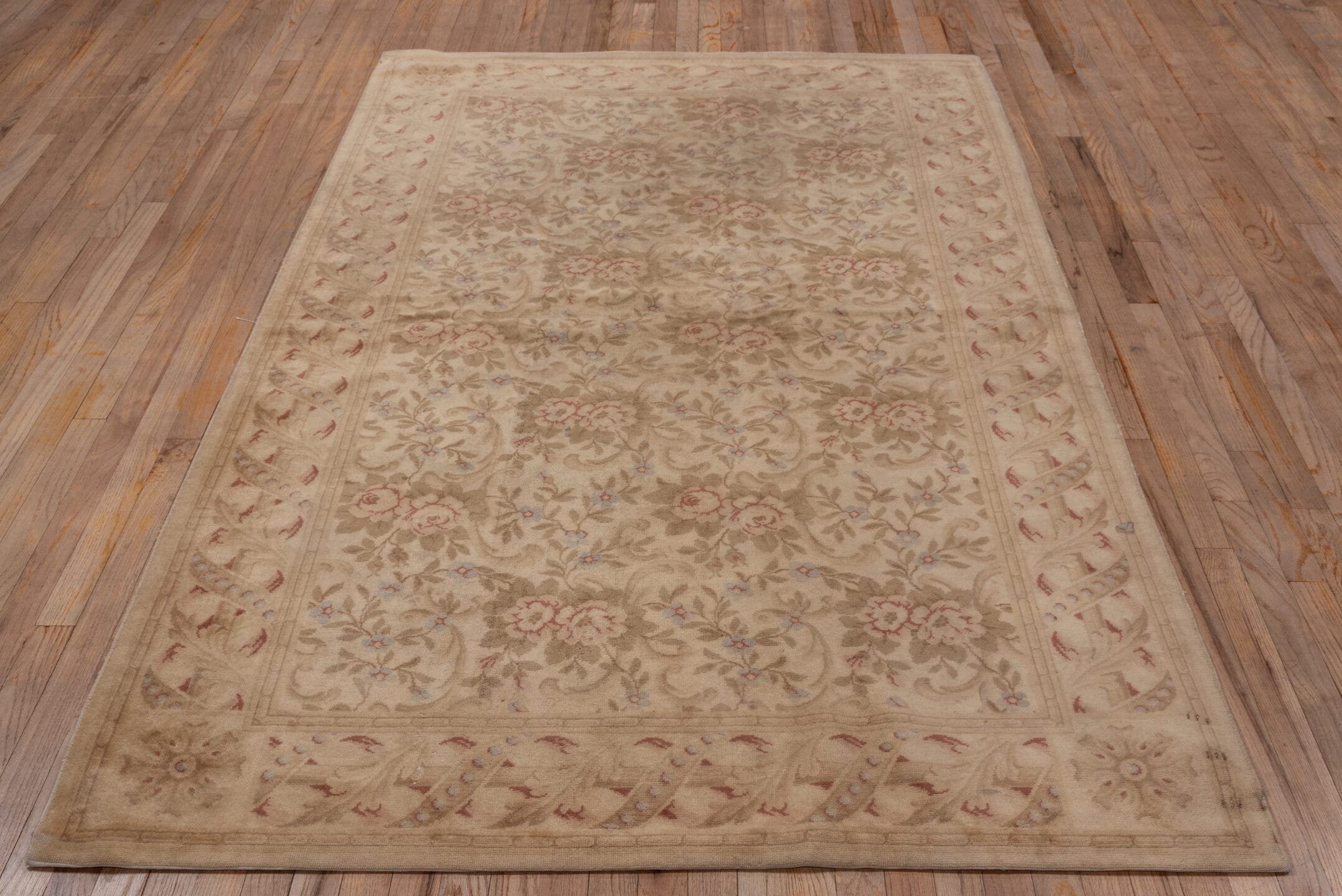 5' x 8' one-of-a-kind handmade antique Savonnerie medium size rug. Color palette: beige, ivory, taupe, rose, sage, camel