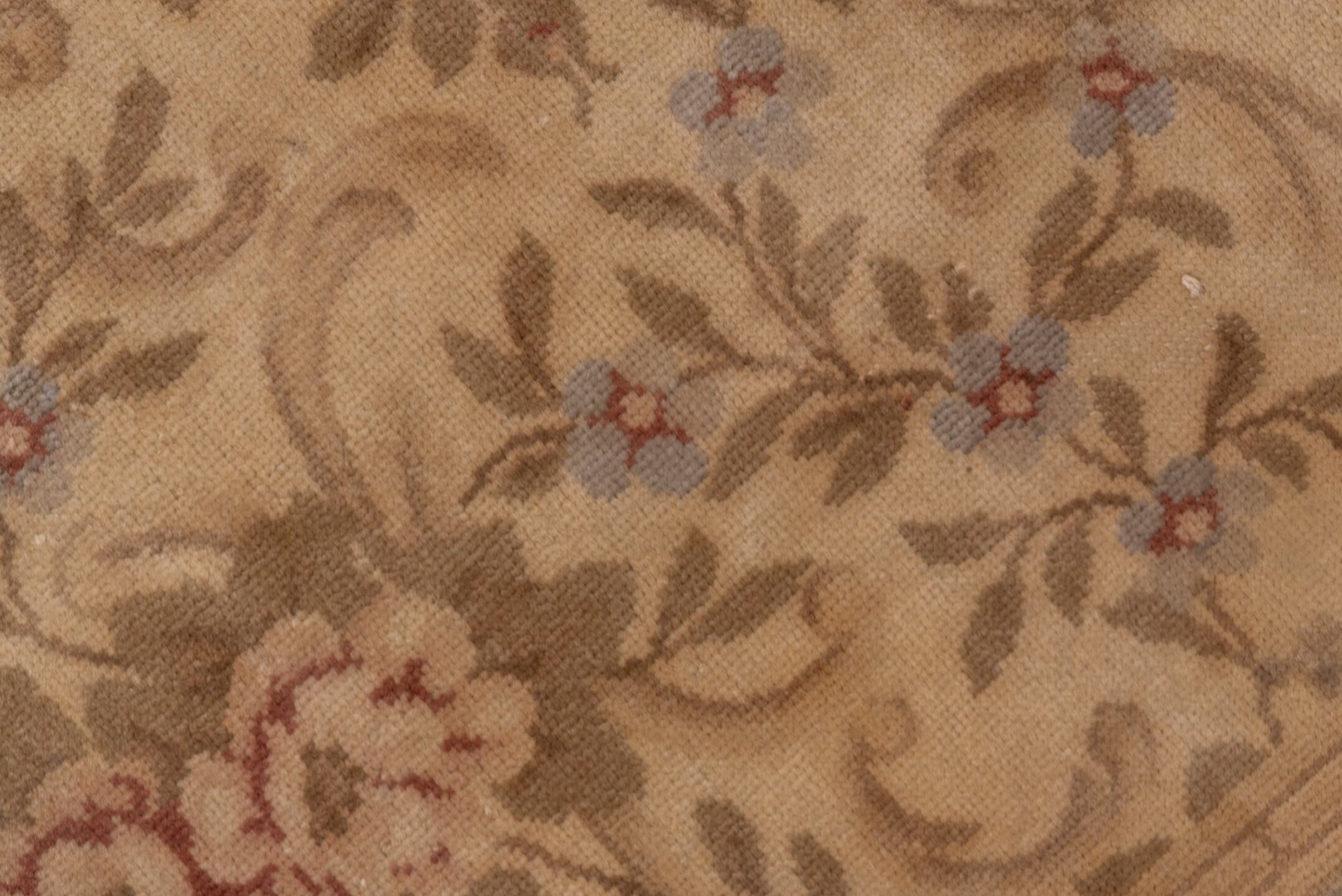 5' x 8' one-of-a-kind handmade antique Savonnerie medium size rug. Color palette: beige, ivory, taupe, rose, sage, camel