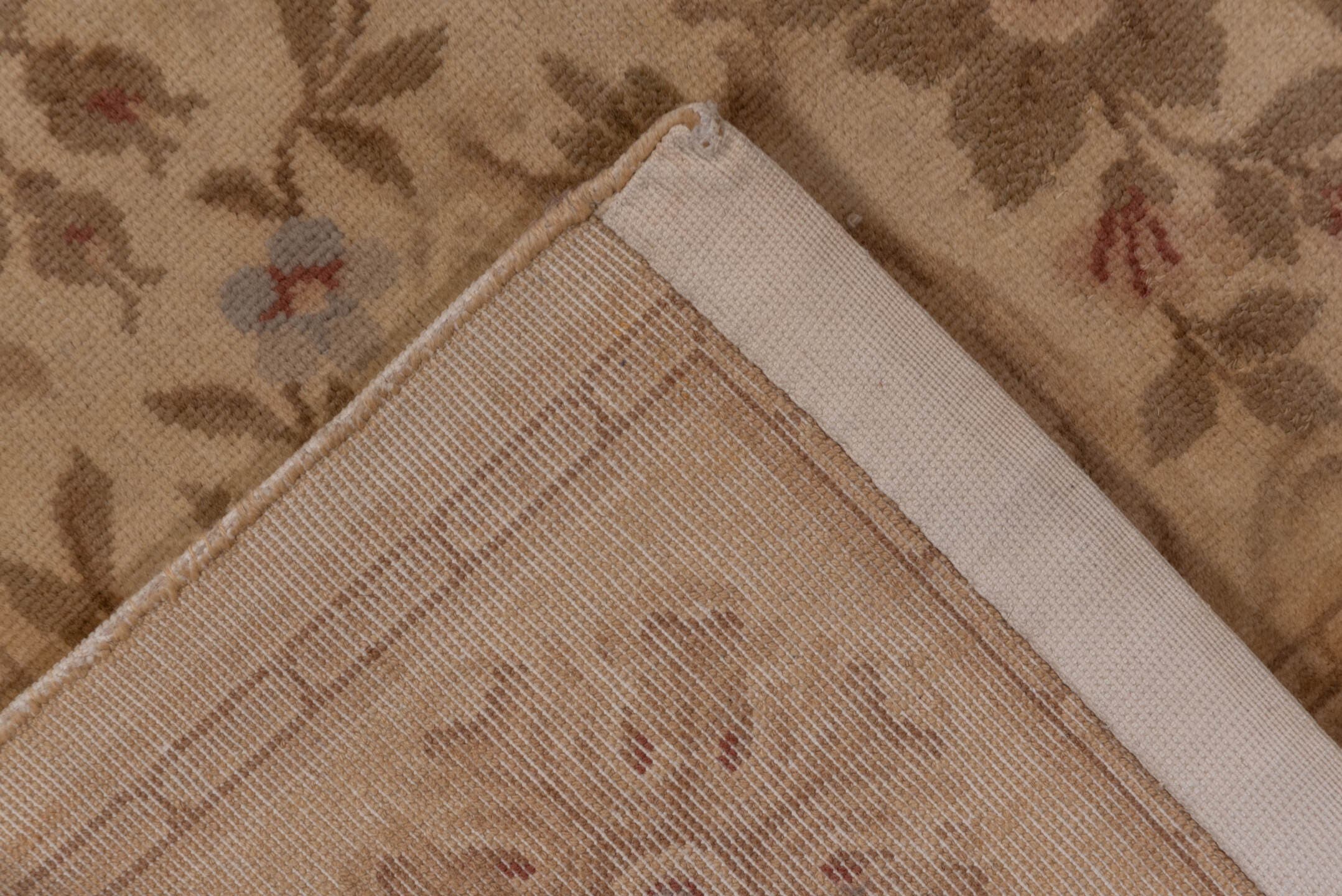 5' x 8' one-of-a-kind handmade antique Savonnerie medium size rug. Color palette: beige, ivory, taupe, rose, sage, camel