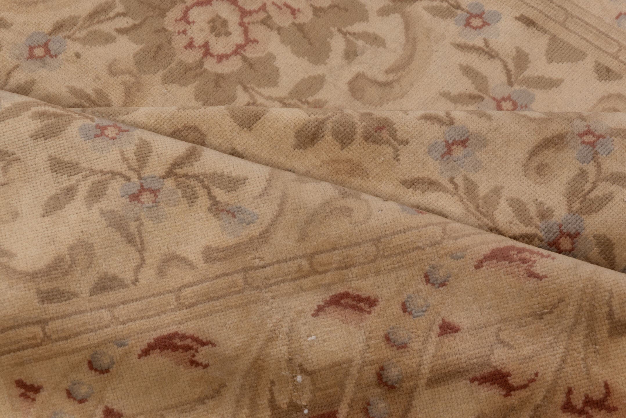 5' x 8' one-of-a-kind handmade antique Savonnerie medium size rug. Color palette: beige, ivory, taupe, rose, sage, camel