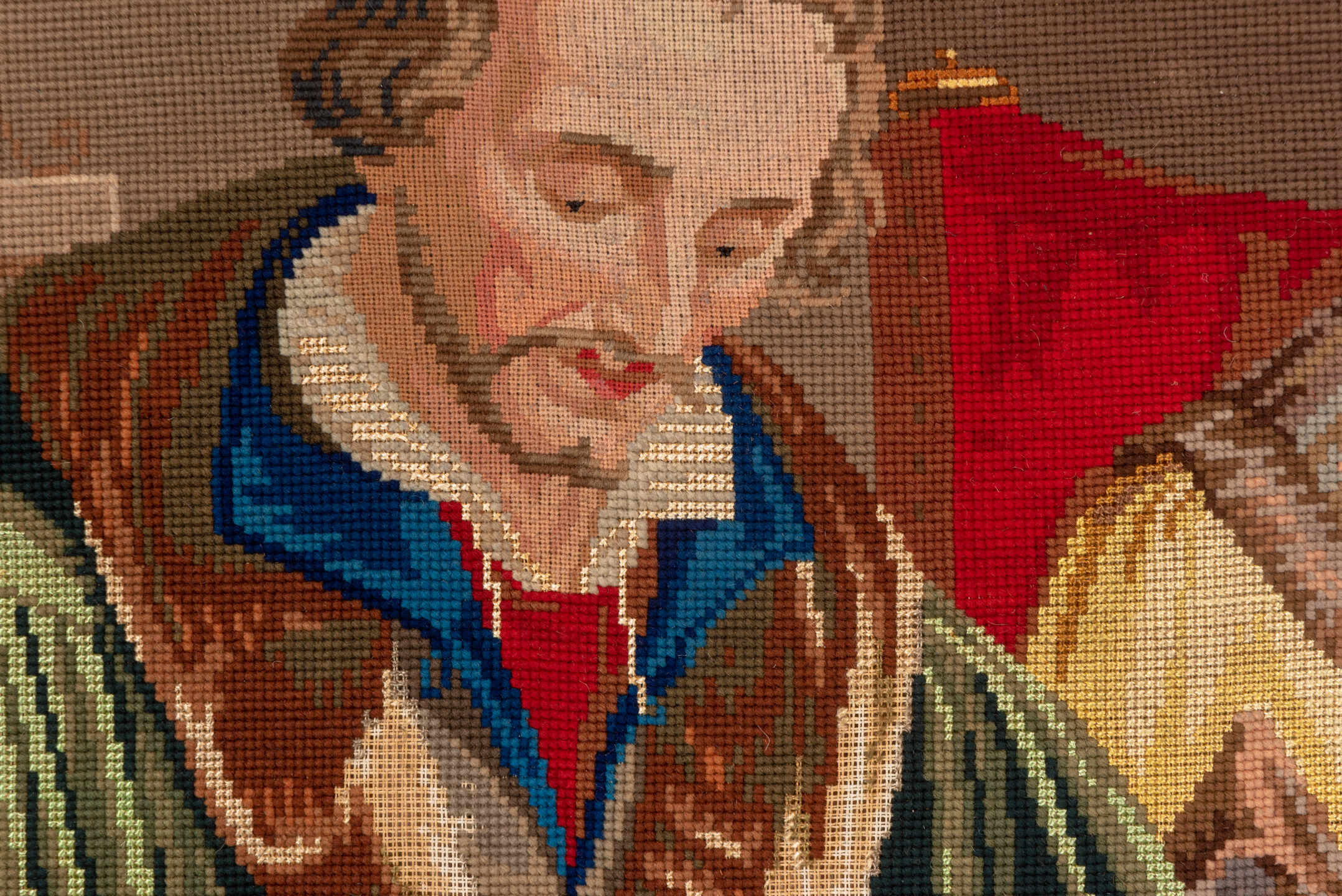 3' x 4' one-of-a-kind handmade vintage Needlepoint small size rug. Color palette: blue, brown, dark gray, gray, red