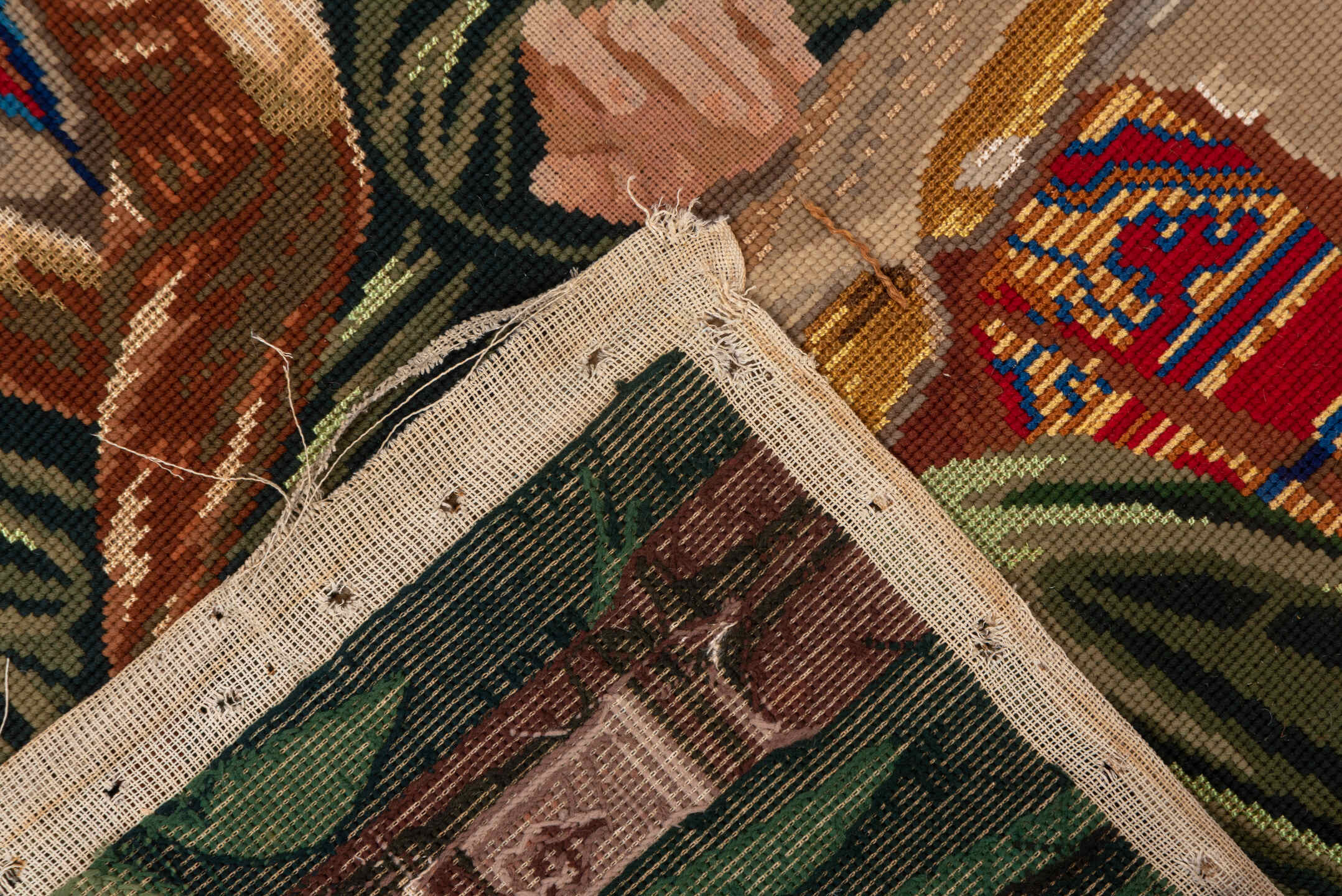 3' x 4' one-of-a-kind handmade vintage Needlepoint small size rug. Color palette: taupe, brown, crimson, navy, olive, ivory