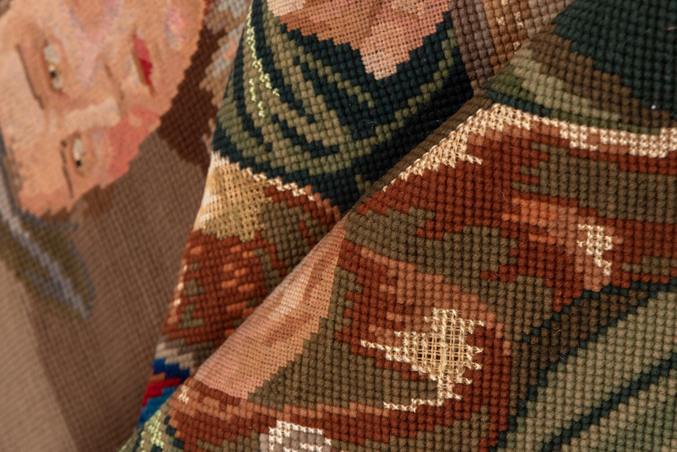 3' x 4' one-of-a-kind handmade vintage Needlepoint small size rug. Color palette: taupe, brown, crimson, navy, olive, ivory